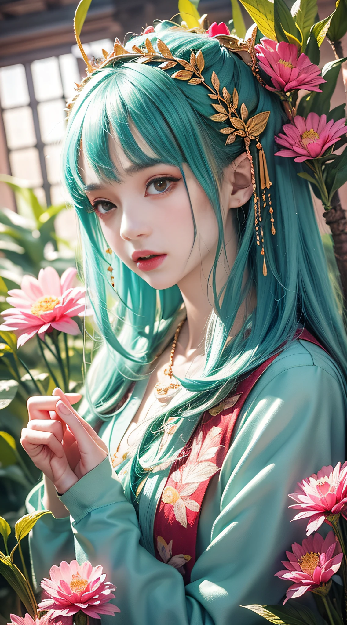 a woman, with plants around it, style of kitsch aesthetic, exotic, high-angle, pastel-colored scenes, i can't believe how beautiful this is, japanese-influenced prints, botanical abundance, naomi okubo, kris knight, flowerpunk, sky-blue and pink, jean giraud, soft pastel, organic form , ray tracing, anaglyph, pov, anatomically correct, award winning, masterpiece --ar 3:4 --style raw 50 --s 2