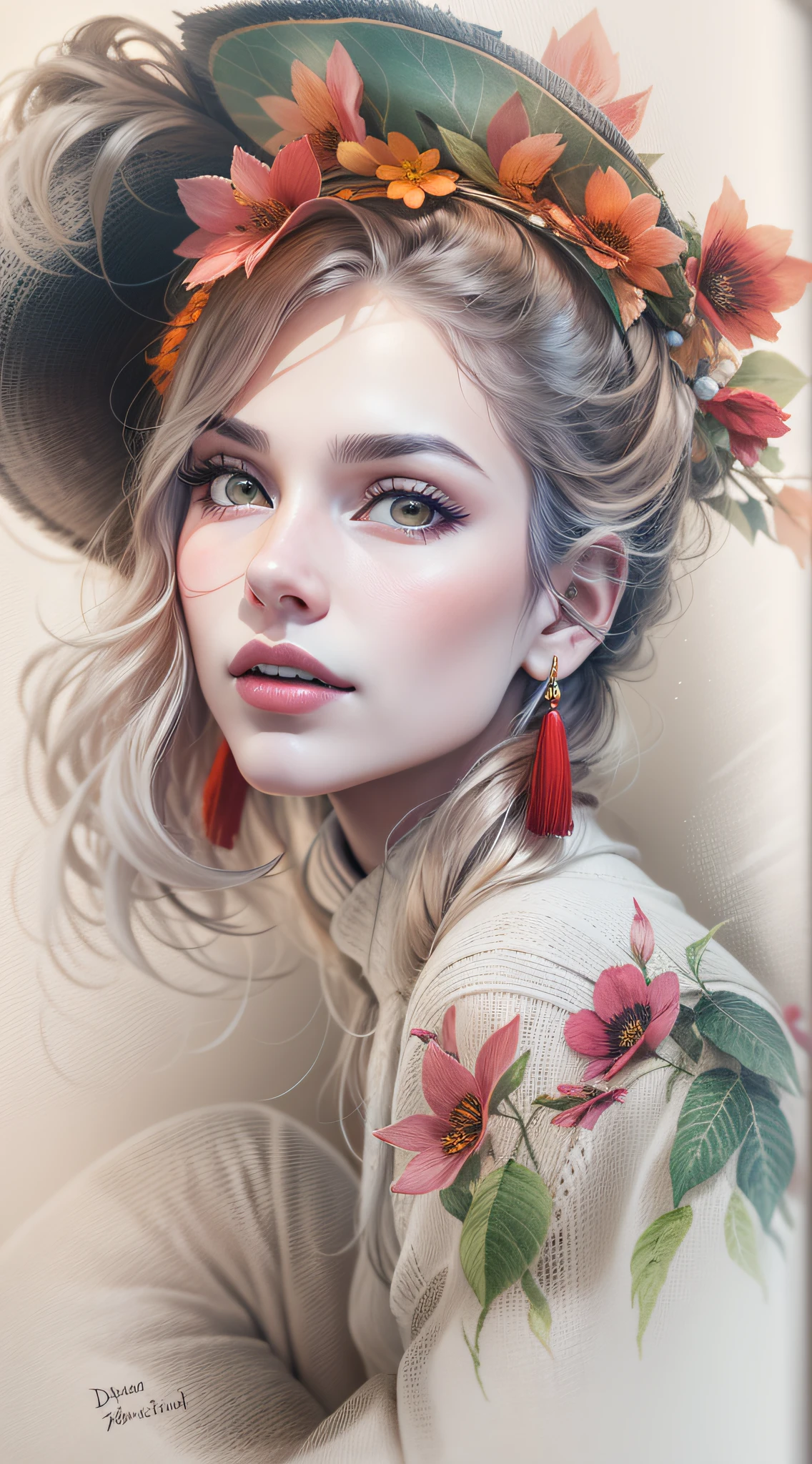 [Em uma folha de caderno de desenho com linhas azuis, A beautiful and intriguing woman looks at the viewer with a faint smile on her lips. Ela tem cabelos longos e escuros, que caem sobre os seus ombros. She wears a black hat adorned with red flowers, yellow and purple on the head. The hat contrasts with the white background of the leaf. The image is a true work of art of pencil painting, inspirada no estilo realista e detalhado de Diego Koi, um famoso artista italiano.]