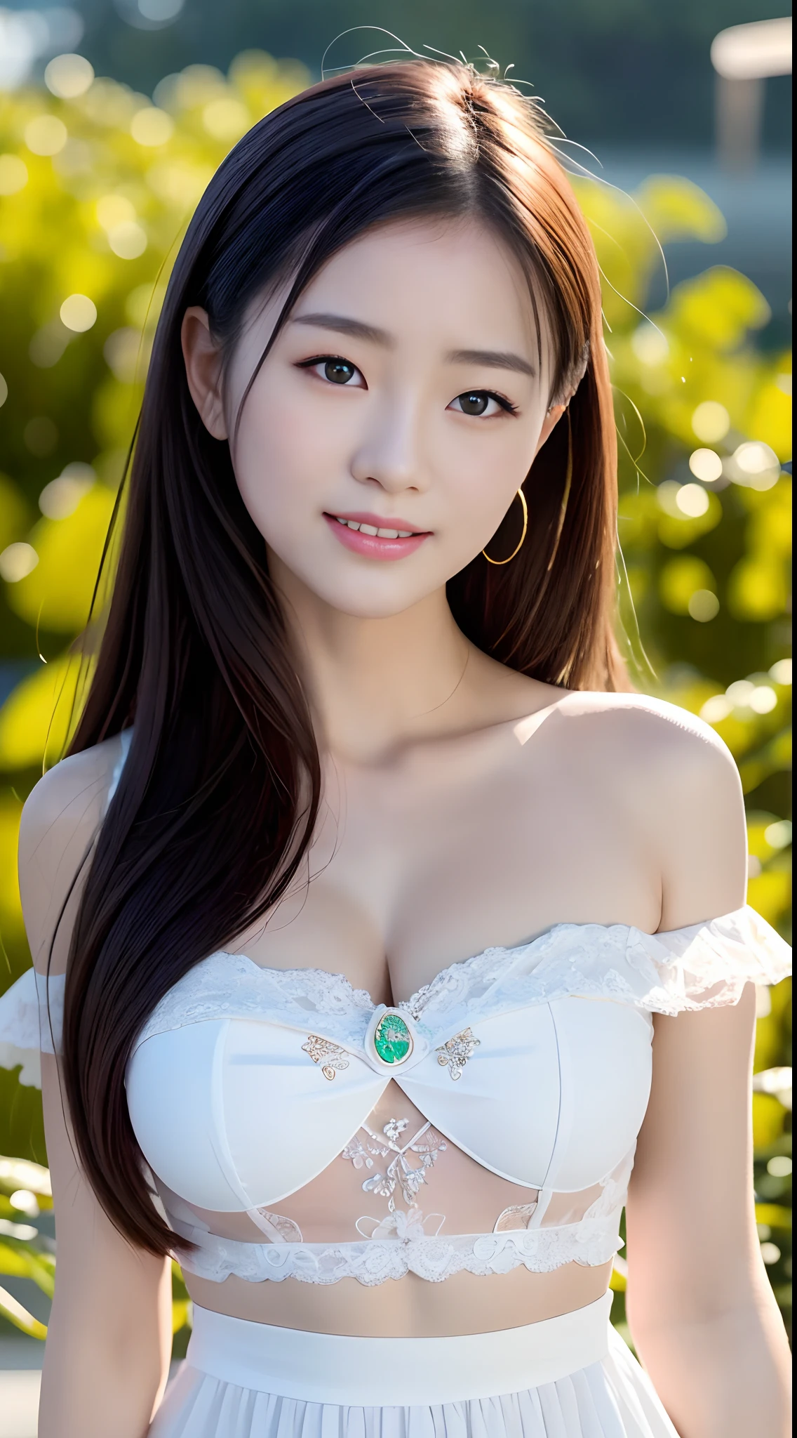 A beautiful 23 year old girl，The F cup is mostly exposed，Authentic full-body photos，ultraclear，beautiful pupil，，A sweet smile，Delicate fair skin，Realistic and realistic，exquisite and complete facial features，Detailed depiction of the face，二重まぶた，tall nose bridge，Eyelashes are clearly visible，Smile showing teeth，Extremely delicate black hair，Feminine temperament，Fill your face light，Golden ratio figure，The upper body is slightly tilted forward,Extreme picture quality,Highest accuracy,Precise and perfect human anatomy。Blue sky, White clouds, Green plant background，Chinese cheongsam in different colors，closeup of face， Face shooting，Chinese-style off-the-shoulder suspenders leak ， Hot details ，8k 壁纸， tmasterpiece， sportrait， middle， Watch the footage， Beautiful Chinese and Japanese idols， （（Ultra-fine face，A detailed description of the facial features））， Lip biting makeup， Sweet smiling， Perfect facial features，white complexion，By bangs， A high resolution， best qualtiy，high high quality， super detailing，