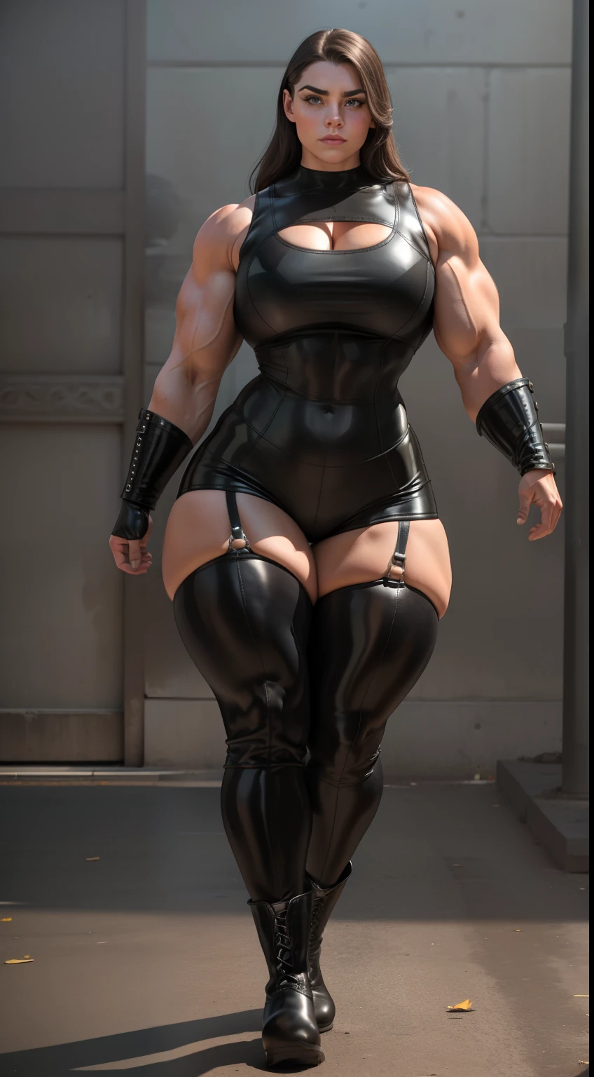 tmasterpiece,finely detailled,Burly woman,Exaggerated large muscles,Latex clothing,black lence stockings,Leather boots, (Full body like:1.1),standing on your feet,You can see the feet from the head, Beautiful and charming European female face, Single female,Very fair skin,Very broad shoulders, Strong and powerful arms,Stout arms,Strong and powerful leg muscles,thick leg,Very thick calves,long leges,looking to the camera