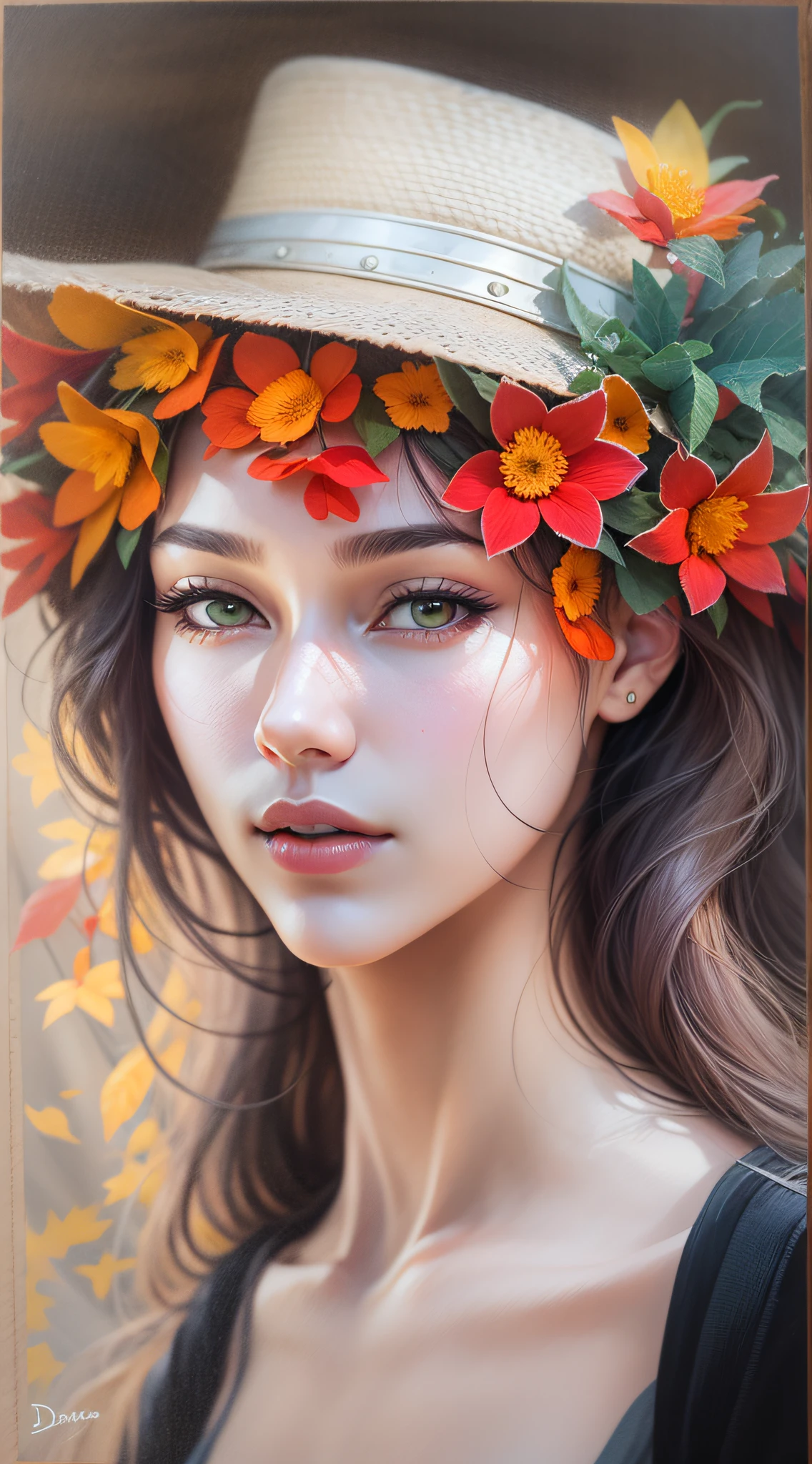 [Em uma folha de caderno de desenho com linhas azuis, A beautiful and intriguing woman looks at the viewer with a faint smile on her lips. Ela tem cabelos longos e escuros, que caem sobre os seus ombros. She wears a black hat adorned with red flowers, yellow and purple on the head. The hat contrasts with the white background of the leaf. The image is a true work of art of pencil painting, inspirada no estilo realista e detalhado de Diego Koi, um famoso artista italiano.]