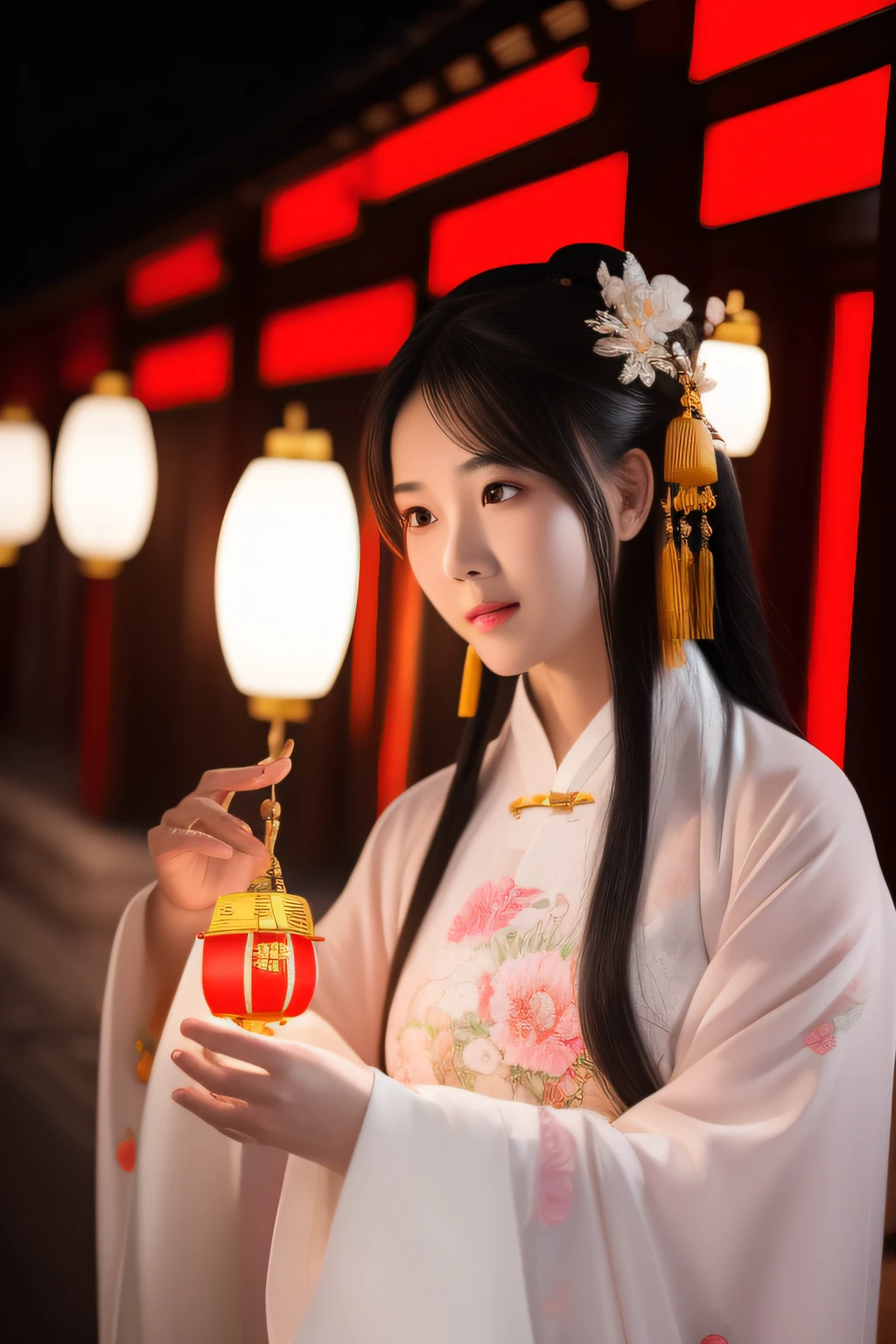 the night，A woman in Chinese clothing carries a lantern