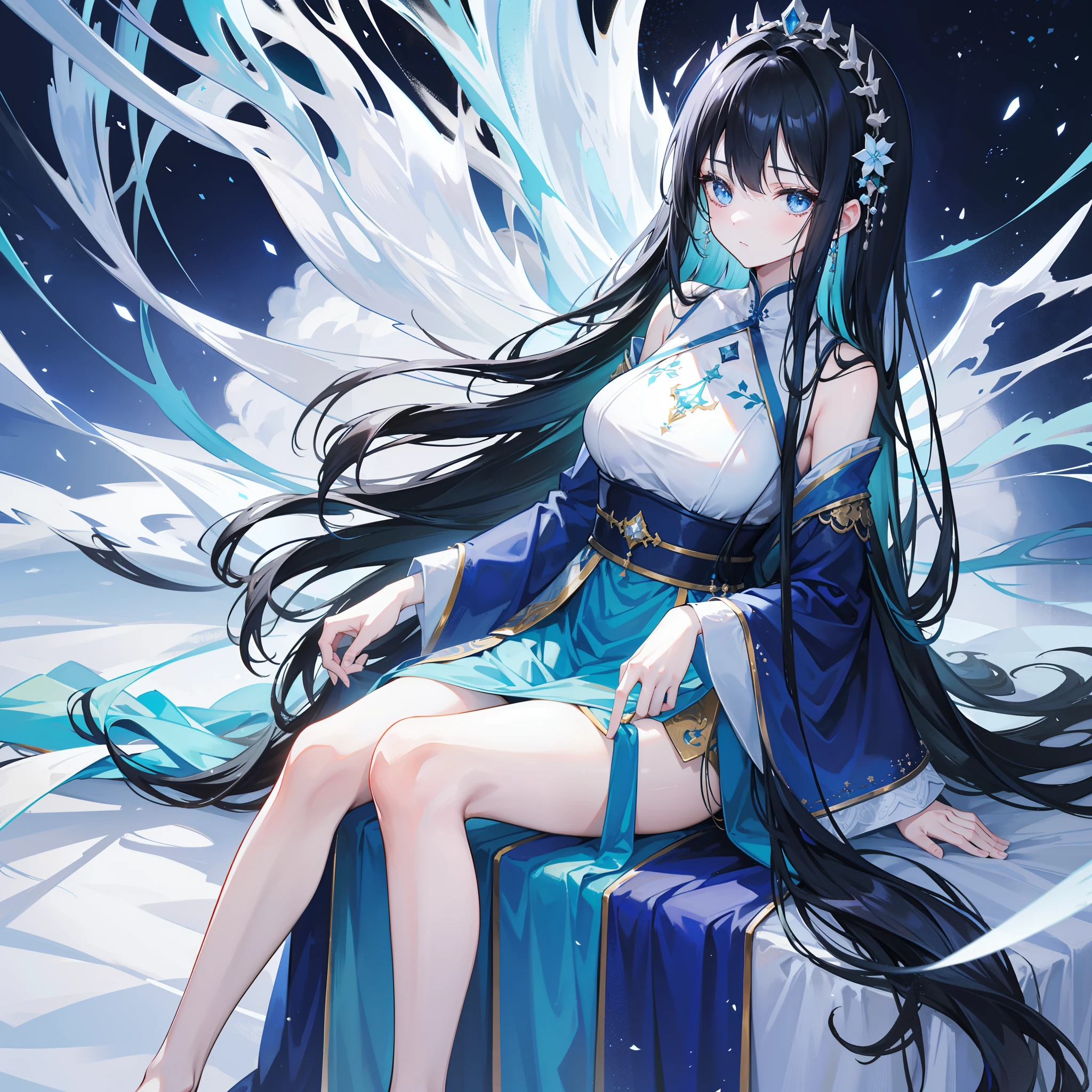 Tall and tall，Wearing a long blue dress，The skirt mops the floor。She has long black hair like a waterfall，Hangs all the way to the waist。Her eyelashes are thick and long，A pair of eyes are like a moon in a well，There is subtle spirituality and mystery in the calm。She is ice muscle，The skin is as white as snow。