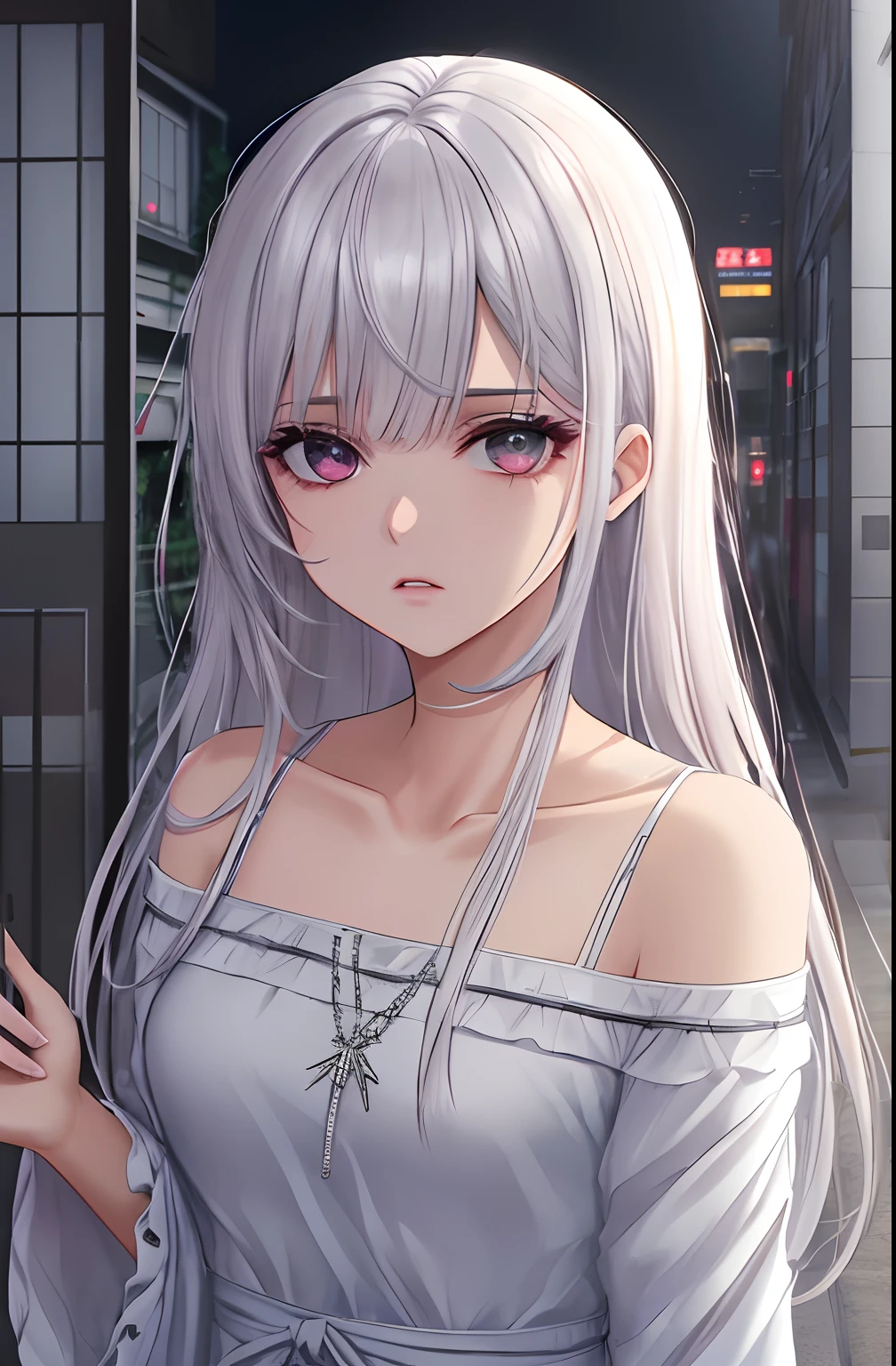 kk, melhor qualidade, mais detalhes, obra-prima, 1 girl, kaneki ken, retrato, foco feminino, olhos vermelhos, solo, franja, olhando para o espectador, capuz rosa, cabelo curto, chuva, tokyo tokyo \(cidade\), capuz, nail polish, cabelo branco, luxuoso, 8k, detalhado, ray tracing, profundidade de campo, cinematic lighthing,