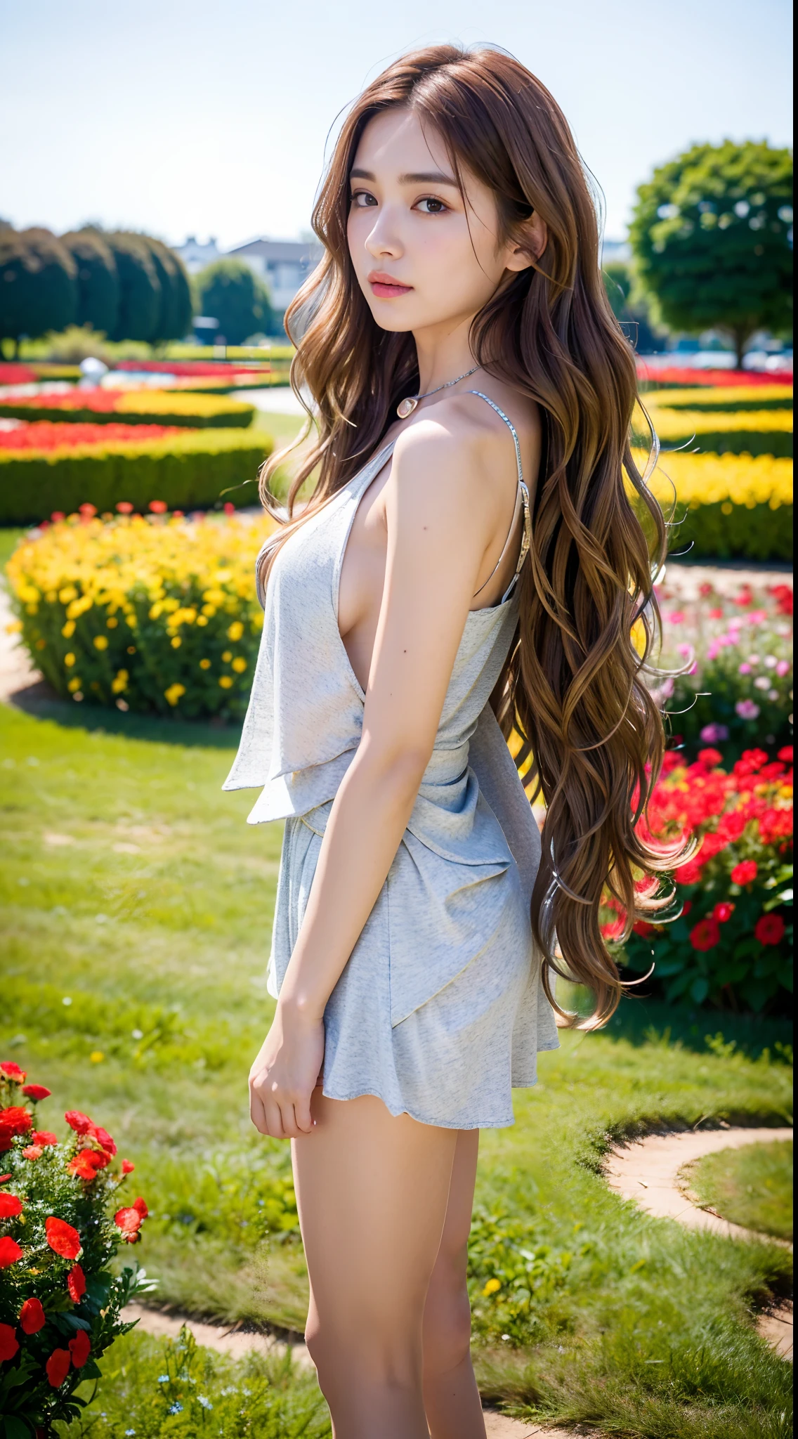 ((8k:1.27), best quality, masterpiece, realistic, photorealistic, extremely detailed, real face, real skin, realistic face, realistic skin, detailed eyes, detailed facial features, detailed clothes features, dynamic poses, extremely delicate, RAW photo, professional lighting, dynamic lighting, ultra highres:1.2), 1girl, (white short skirt:1.1), (tight blouse:1.3), sexy, (20 year old Asian:1.4), looking at camera, (brown wavy long hair:1.4), (small breasts:1.3), full body, in a flower field, (front view:1.1), (silver necklace:1.2), (red cheeks:1.2), slim