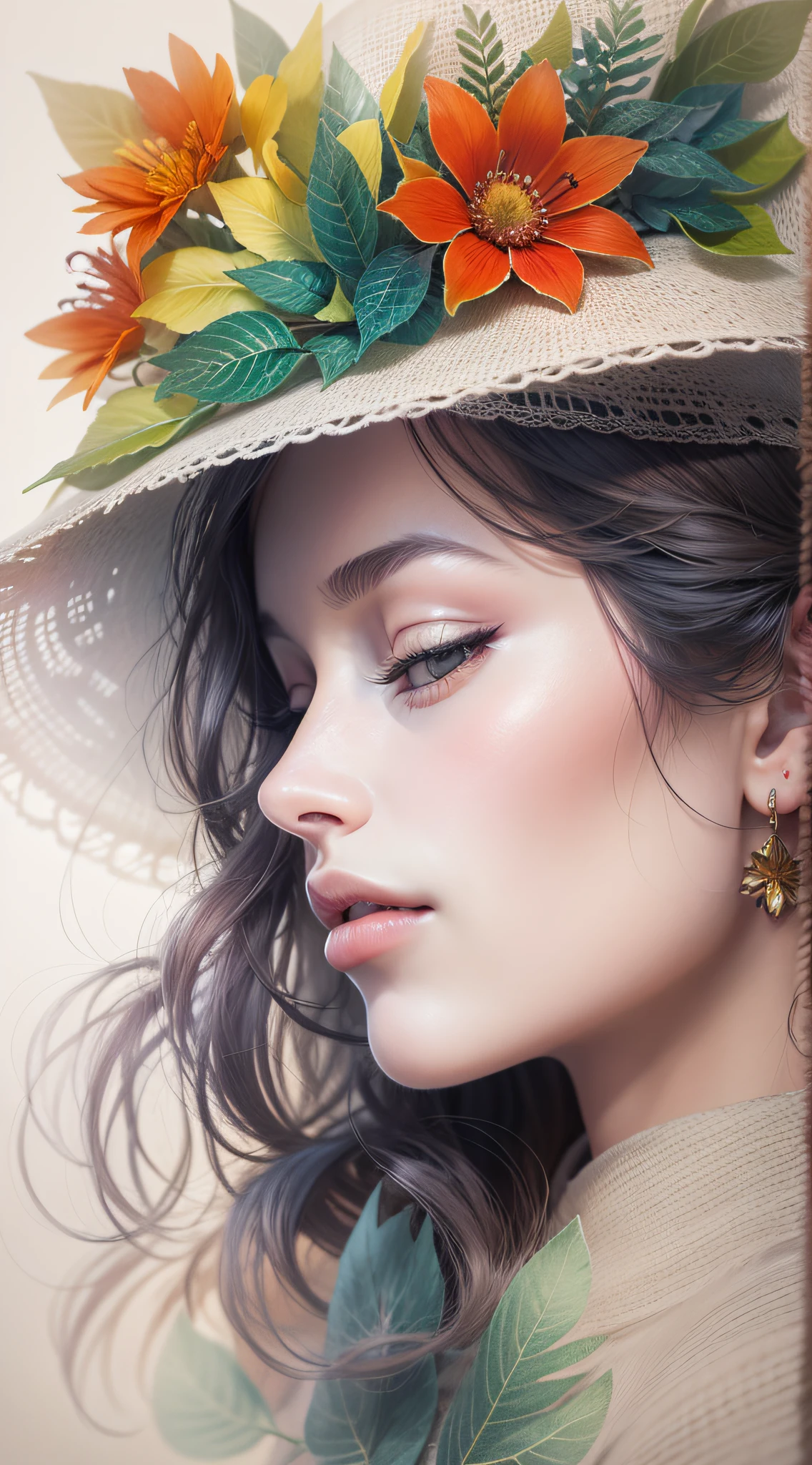 [Em uma folha de caderno de desenho com linhas azuis, A beautiful and intriguing woman looks at the viewer with a faint smile on her lips. Ela tem cabelos longos e escuros, que caem sobre os seus ombros. She wears a black hat adorned with red flowers, yellow and purple on the head. The hat contrasts with the white background of the leaf. The image is a true work of art of pencil painting, inspirada no estilo realista e detalhado de Diego Koi, um famoso artista italiano.]