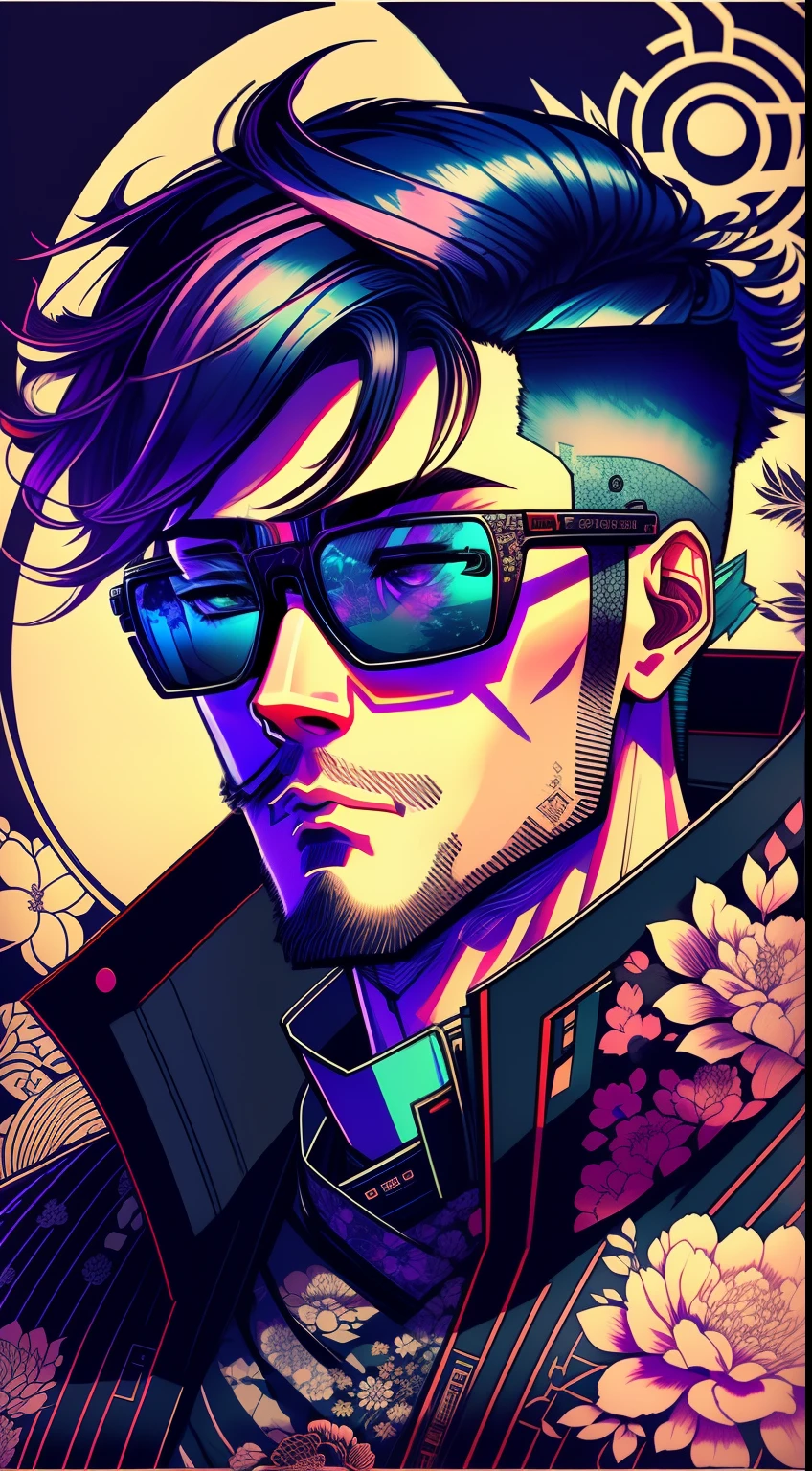 ink drawing, beautiful cyberpunk man portrait, wearing smart digital glasses, floral background, in the style of ukiyo-e".