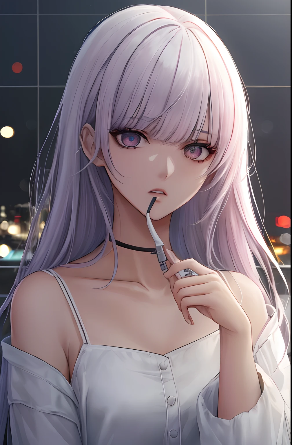 kk, melhor qualidade, mais detalhes, obra-prima, 1 girl, kaneki ken, retrato, foco feminino, olhos vermelhos, solo, franja, olhando para o espectador, capuz rosa, cabelo curto, chuva, tokyo tokyo \(cidade\), capuz, nail polish, cabelo branco, luxuoso, 8k, detalhado, ray tracing, profundidade de campo, cinematic lighthing,