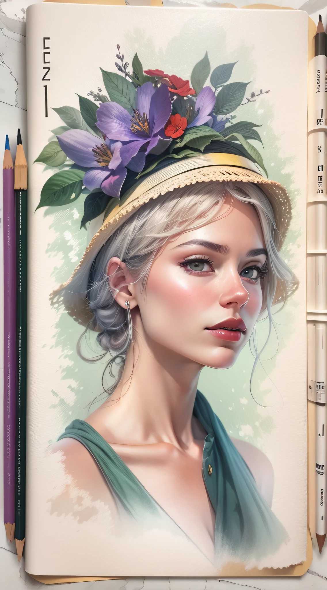 [Em uma folha de caderno de desenho com linhas azuis, A beautiful and intriguing woman looks at the viewer with a faint smile on her lips. Ela tem cabelos longos e escuros, que caem sobre os seus ombros. She wears a black hat adorned with red flowers, yellow and purple on the head. The hat contrasts with the white background of the leaf. The image is a true work of art of pencil painting, inspirada no estilo realista e detalhado de Diego Koi, um famoso artista italiano.]