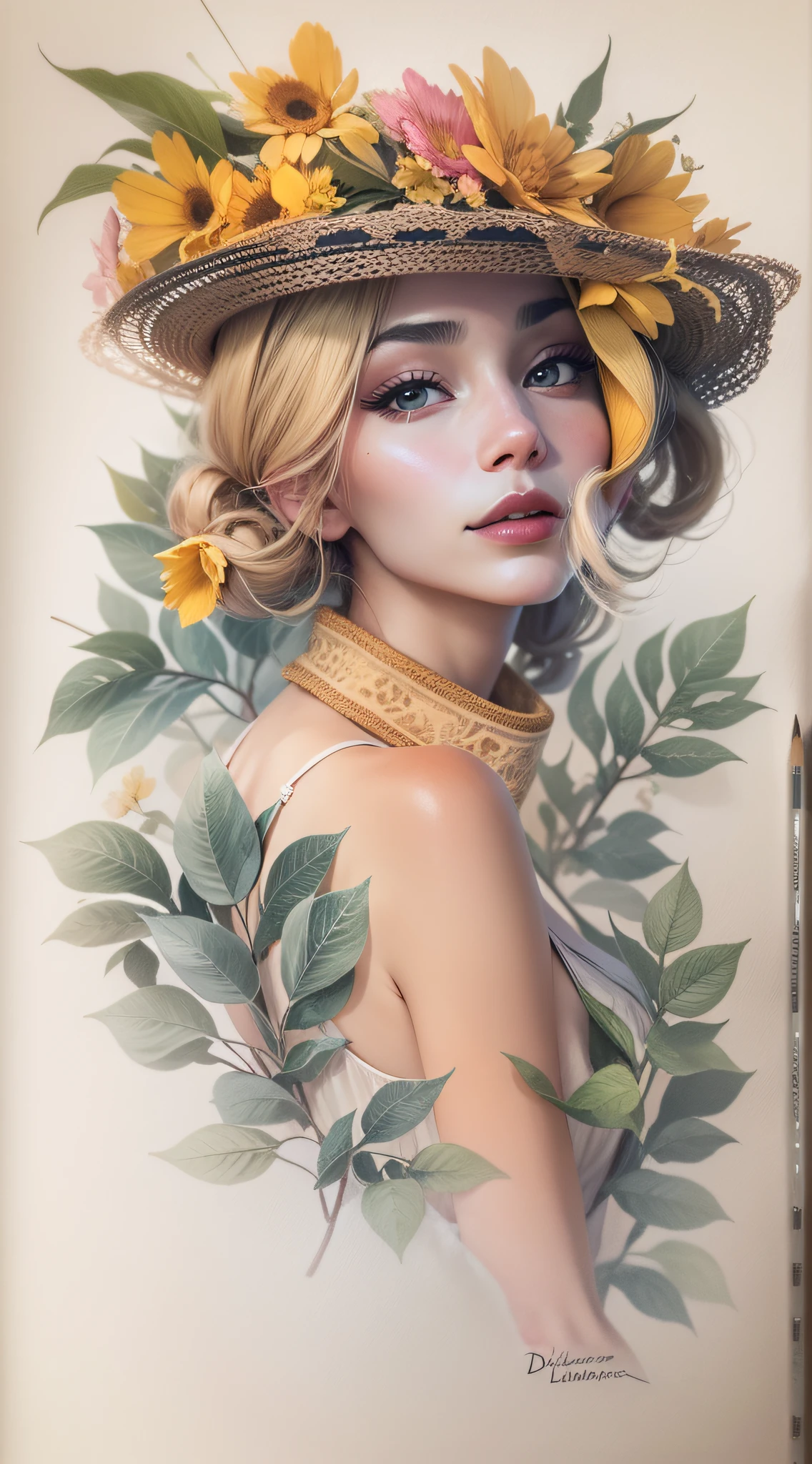 [Em uma folha de caderno de desenho com linhas azuis, A beautiful and intriguing woman looks at the viewer with a faint smile on her lips. Ela tem cabelos longos e escuros, que caem sobre os seus ombros. She wears a black hat adorned with red flowers, yellow and purple on the head. The hat contrasts with the white background of the leaf. The image is a true work of art of pencil painting, inspirada no estilo realista e detalhado de Diego Koi, um famoso artista italiano.]