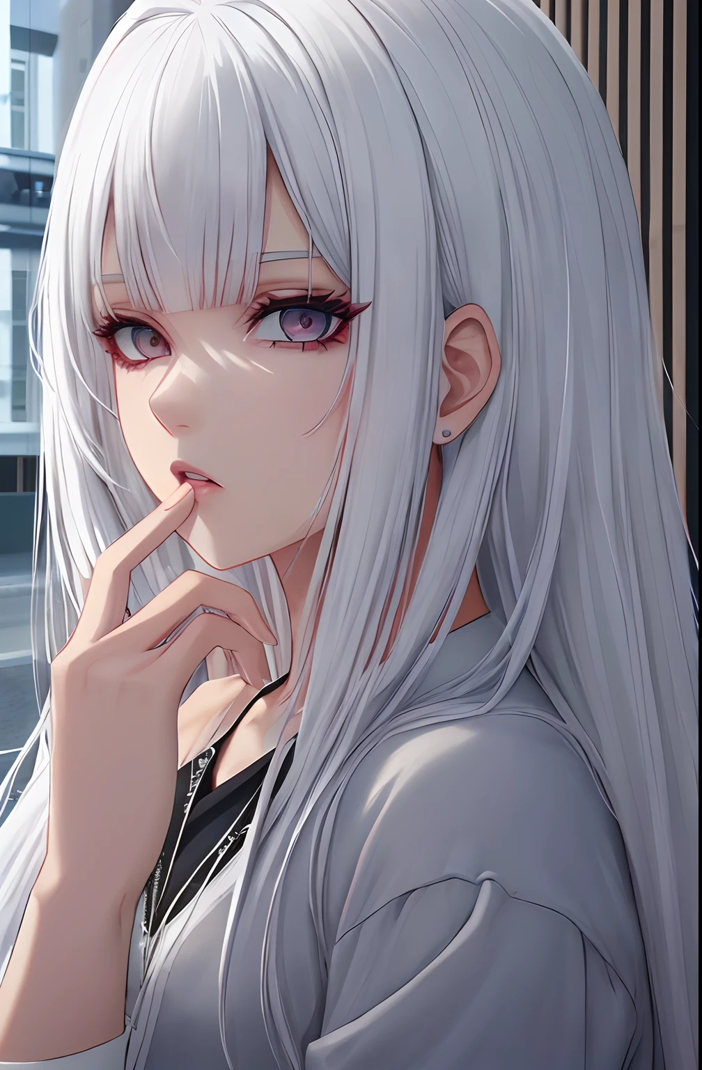 kk, melhor qualidade, mais detalhes, obra-prima, 1 girl, kaneki ken, retrato, foco feminino, olhos vermelhos, solo, franja, olhando para o espectador, capuz rosa, cabelo curto, chuva, tokyo tokyo \(cidade\), capuz, nail polish, cabelo branco, luxuoso, 8k, detalhado, ray tracing, profundidade de campo, cinematic lighthing,