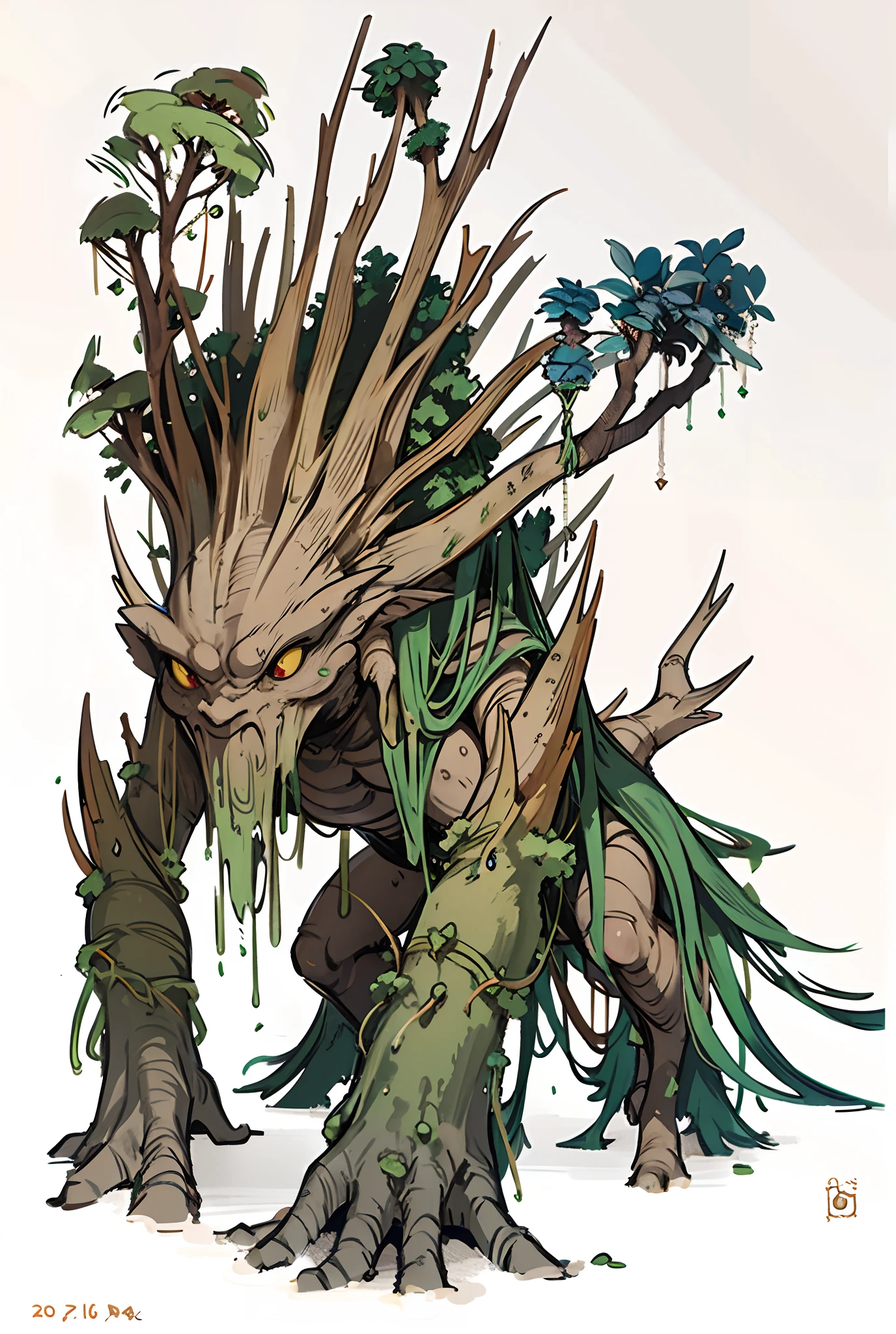 by bestiary_style, a close up of a very strange looking creature with a big head, ent treant dryad, treant, ent, a humanoid thistle monster, giant ethereal creature, treebeard, by senior environment artist, highly detailed creature, neuron dendritic monster, from pathfinder, d & d creature, old humanoid ents, tree druid, creature design