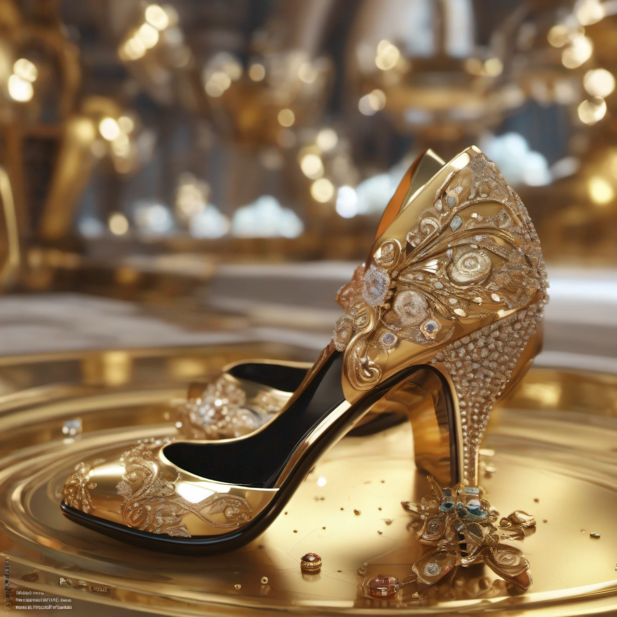 (master part), best quality cute and lovely pair of 3D rendering on a pair of bejeweled gold colored shoes on a round metallic stage, corpo inteiro em pose de canto, vista de canto,  Ivan, bejeweled incrustado, realeza embelezada e incrustada, Beautiful!, Ouro Steampunk, incrustado com pedras preciosas, Bedazzled, inspirado em Manolo Millares, com joias ornamentadas, design elegante do sapato, Inspirado por James Christensen, jewelries, A beautiful detailed orisha, Beautiful composition, simetria, vivid colors, CGSetnation, Automatistas, tecnologia do futuro, Motor Unreal 5, interior da loja de joias no fundo, estilo dos desenhos animados, 3D animation style, foco nítido , HDR, 32k