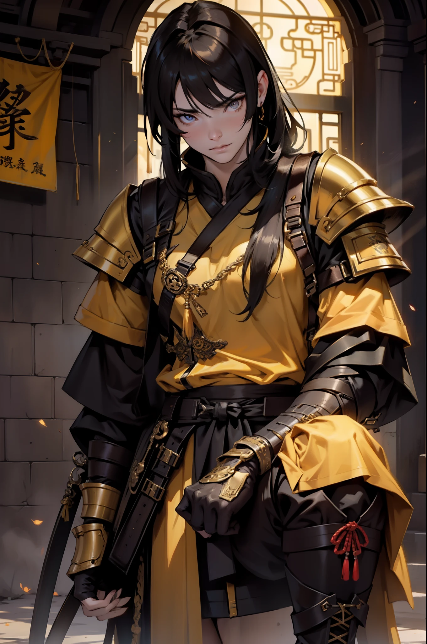 An ancient Chinese female general、Sword in hand、Grim expression、full bodyesbian、Clear facial features、Amazing facial features,Yellow robe,brunette color hair,Armour,Boots,Chinese style background,Game model, Stunning lighting, C4D,oc rendered,cinematic rim light,The light is delicate,tmasterpiece,ultra - detailed,Epic composition,Super HD,high qulity,HighestQuali,32K