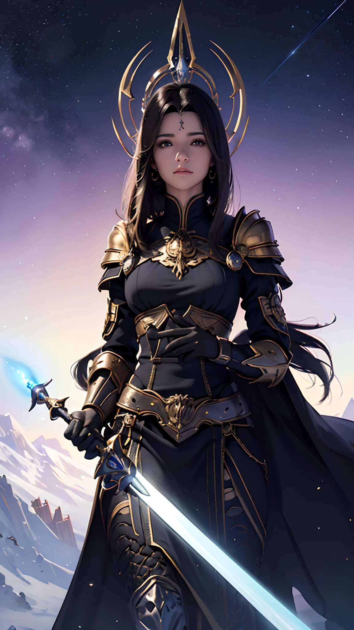 Arte Oficial, Unity 8k Wallpaper, Ultra Detalhe, Obra-Prima, Melhor Qualidade, Uma Mulher, (Muito Detalhe), dinamic angle, mystical expression, Fogo Efeito Brilhante, Fundo de Fantasia, rim lighting , Luz Lateral, cinematiclight, Ultra Definition, 8k UHD, grain of film, Melhor Sombra, Delicado, RAW, light particules, Textura Detalhada da Pele, Textura Detalhada da Armadura de Ouro, Clivagem, Rosto Detalhado, Detalhe complexo, Ultra-detalhado, Brilhante, Forte, armadura branca, segurando uma arma, segurando um escudo, dron de vara, (((cabelo castanho, seios grandes)), olhos negros muito brilhantes, longo manto vermelho, fantasia, (realista),