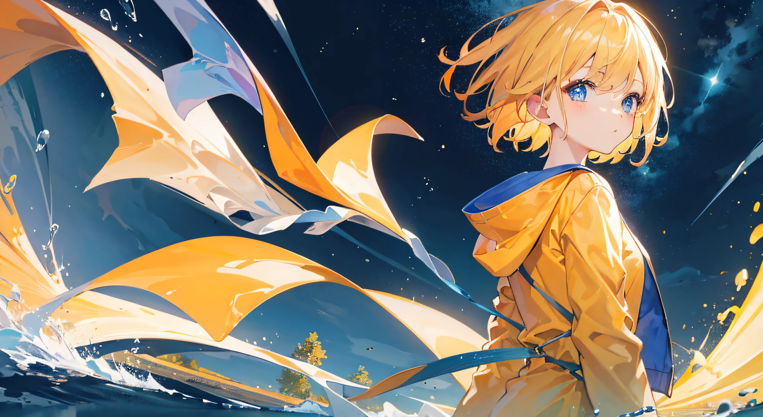 1girl, short cream hair, blue eyes, wearing yellow jacket and plain orange shirt, pond, night sky, absurdres, high res, ultrasharp, 8K, masterpiece, looking at viewer