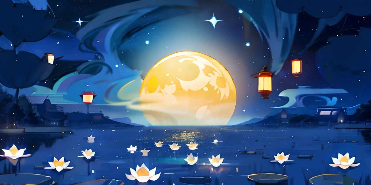 the night，Kongming Lantern，Lotus lamp，river water，em cor azul escuro，galactic，star ocean，themoon，mid-autumn festival，Moon，Movie lighting，exquisitedetails
