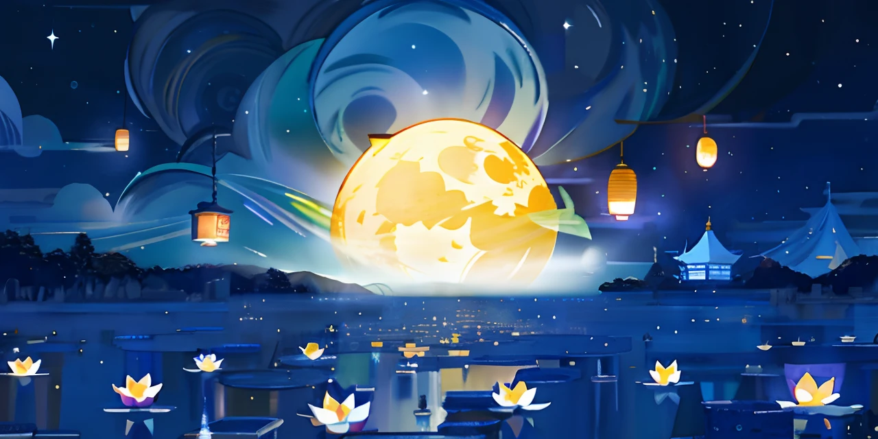 the night,Kongming Lantern,Lotus lamp,river water,em cor azul escuro,galactic,star ocean,themoon,mid-autumn festival,Moon,Movie lighting,exquisitedetails