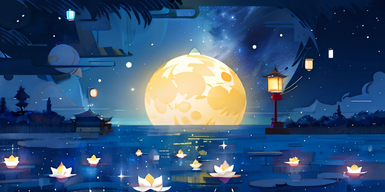 the night，Kongming Lantern，Lotus lamp，river water，em cor azul escuro，galactic，star ocean，themoon，mid-autumn festival，Moon，Movie lighting，exquisitedetails