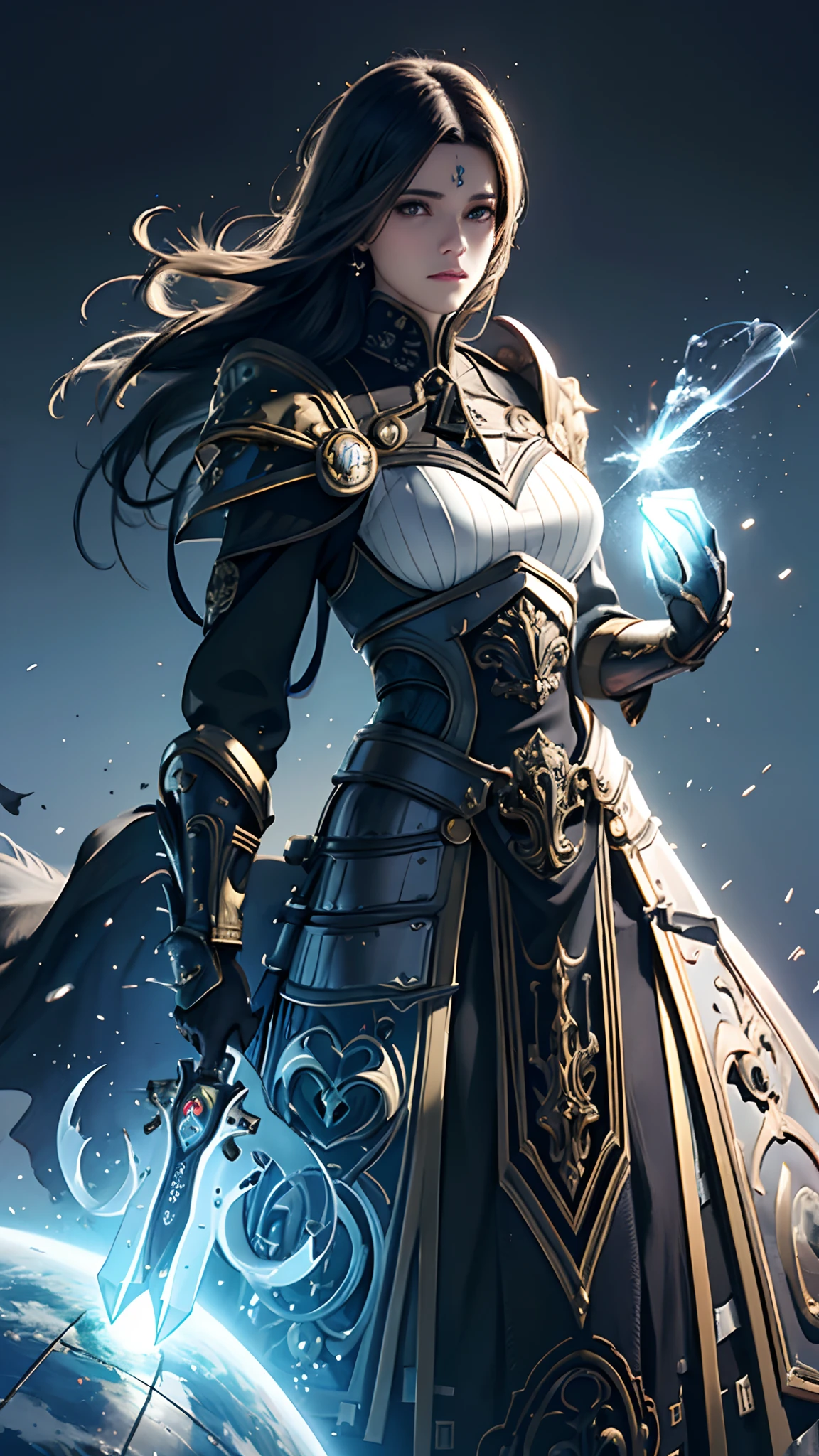 Arte Oficial, Unity 8k Wallpaper, Ultra Detalhe, Obra-Prima, Melhor Qualidade, Uma Mulher, (Muito Detalhe), dinamic angle, mystical expression, Fogo Efeito Brilhante, Fundo de Fantasia, rim lighting , Luz Lateral, cinematiclight, Ultra Definition, 8k UHD, grain of film, Melhor Sombra, Delicado, RAW, light particules, Textura Detalhada da Pele, Textura Detalhada da Armadura de Ouro, Clivagem, Rosto Detalhado, Detalhe complexo, Ultra-detalhado, Brilhante, Forte, armadura branca, segurando uma arma, segurando um escudo, dron de vara, (((cabelo castanho, seios grandes)), olhos negros muito brilhantes, longo manto vermelho, fantasia, (realista),
