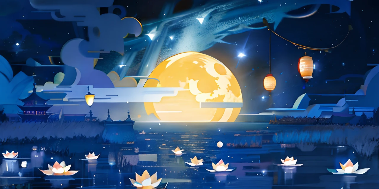 the night，Kongming Lantern，Lotus lamp，river water，em cor azul escuro，galactic，star ocean，themoon，mid-autumn festival，Moon，Movie lighting，exquisitedetails