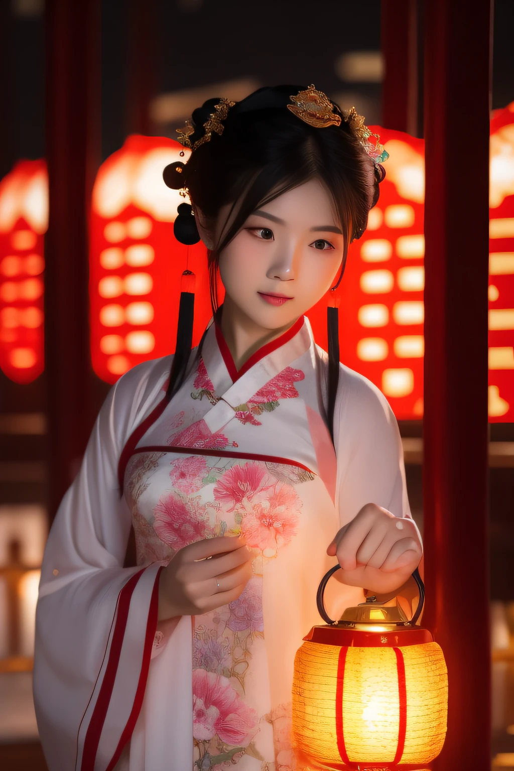 the night，A woman in Chinese clothing carries a lantern