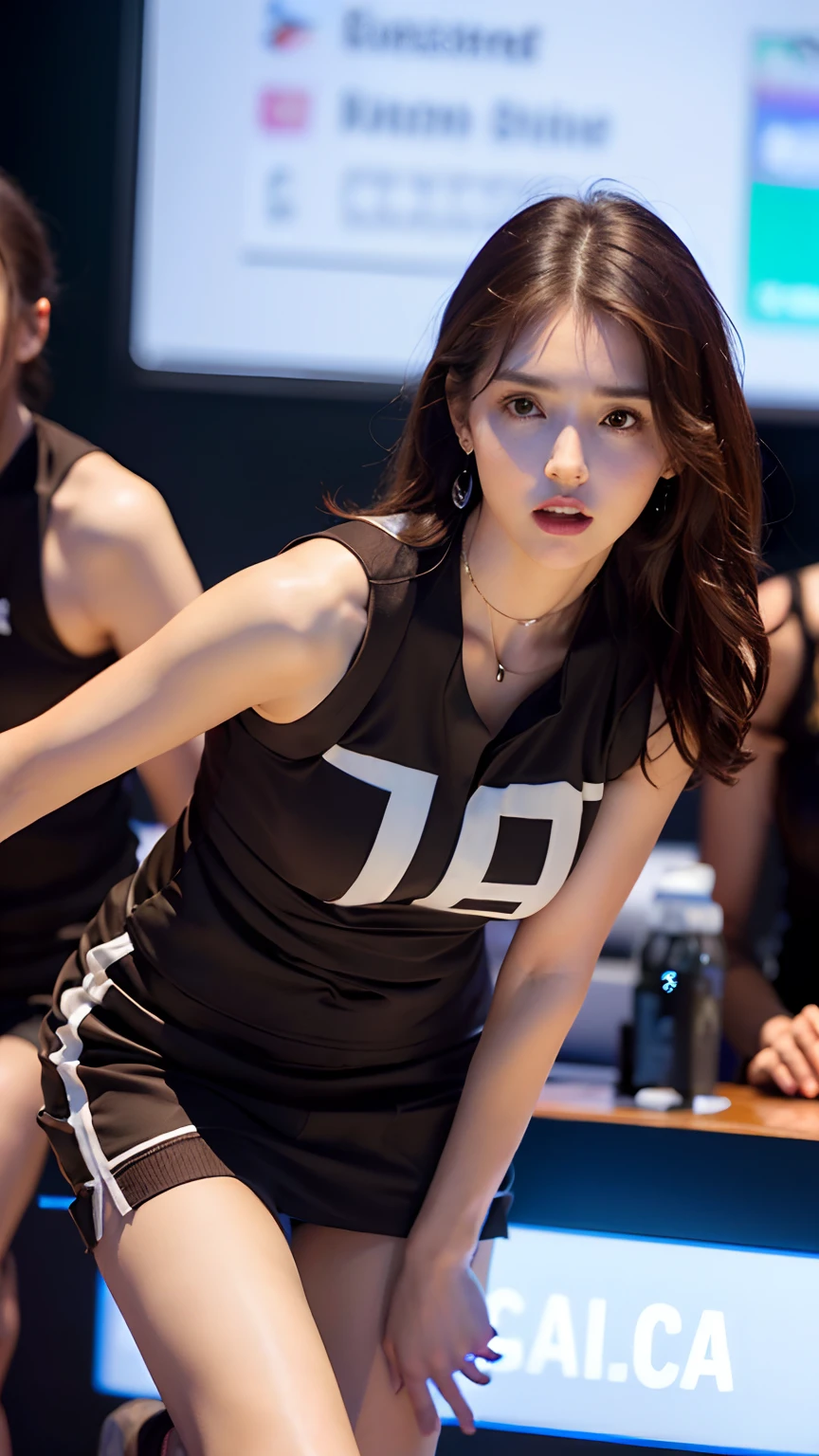 (Best Quality, 4K, Masterpiece: 1.3), Pretty Woman, 1girl, Sexy: 1.1, Dark Brown Hair: 1.1, Woman in Basketball Suit, Soaked Jersey, Ultra-detailed Face, Detailed Lips, Delicate Eyes, Double Eyelids, ((Short Skirt))