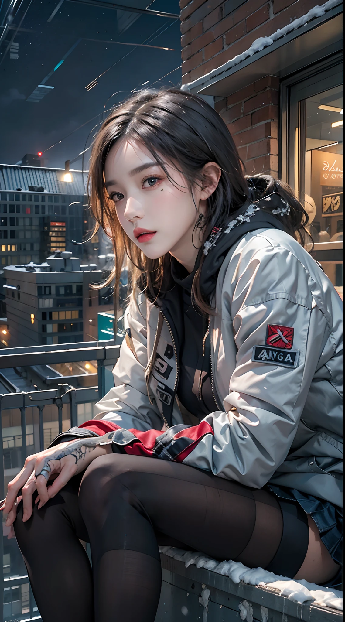 photorealistic, high resolution, 1women, solo, sitting at balcony, look at viewer, (detailed face), colorful street wear, jacket, skirt, thighhighs, tattoo, jewelry, snowy night