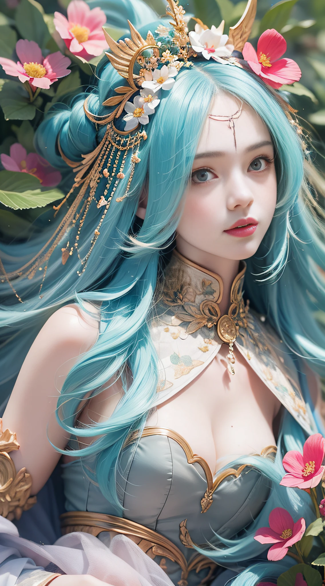 a woman, with plants around it, style of kitsch aesthetic, exotic, high-angle, pastel-colored scenes, i can't believe how beautiful this is, japanese-influenced prints, botanical abundance, naomi okubo, kris knight, flowerpunk, sky-blue and pink, jean giraud, soft pastel, organic form , ray tracing, anaglyph, pov, anatomically correct, award winning, masterpiece --ar 3:4 --style raw 50 --s 2