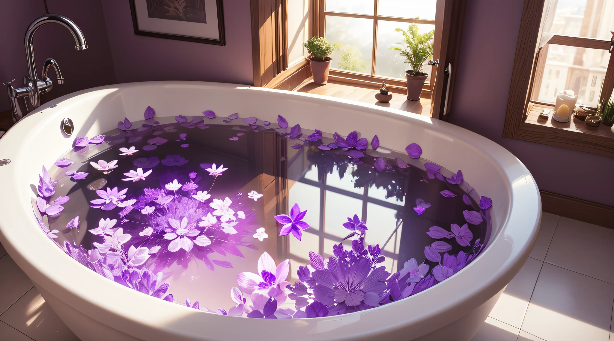 Amethyst crystal bubble bath, exotic, see through, clear, beautiful, realistic photo, window view --auto