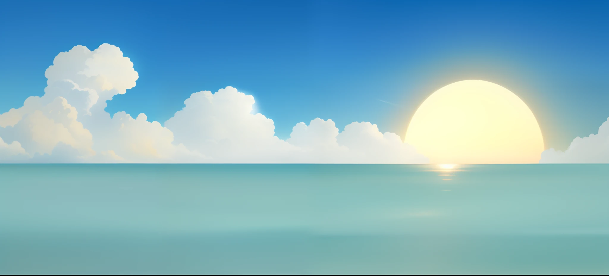 Big sunset with clouds on the ocean, Sky and sea, Sunny day background, Detailed scenery —width 672, detailed clouds,Cloud of extreme detail,Anime Cloud,the ocean, calm ocean landscape, the ocean in the background, clear summer sky background, Sunny day background, hot and sunny highly-detailed, calm ocean, sunraise, Calm clouds,extremy detailed,realistic raytraicing,Epic composition,(Complicated details),(Complex design,Hyper-detailing:1.2),art stations, (tmasterpiece,best qualtiy),hyper HD,32K --v 6