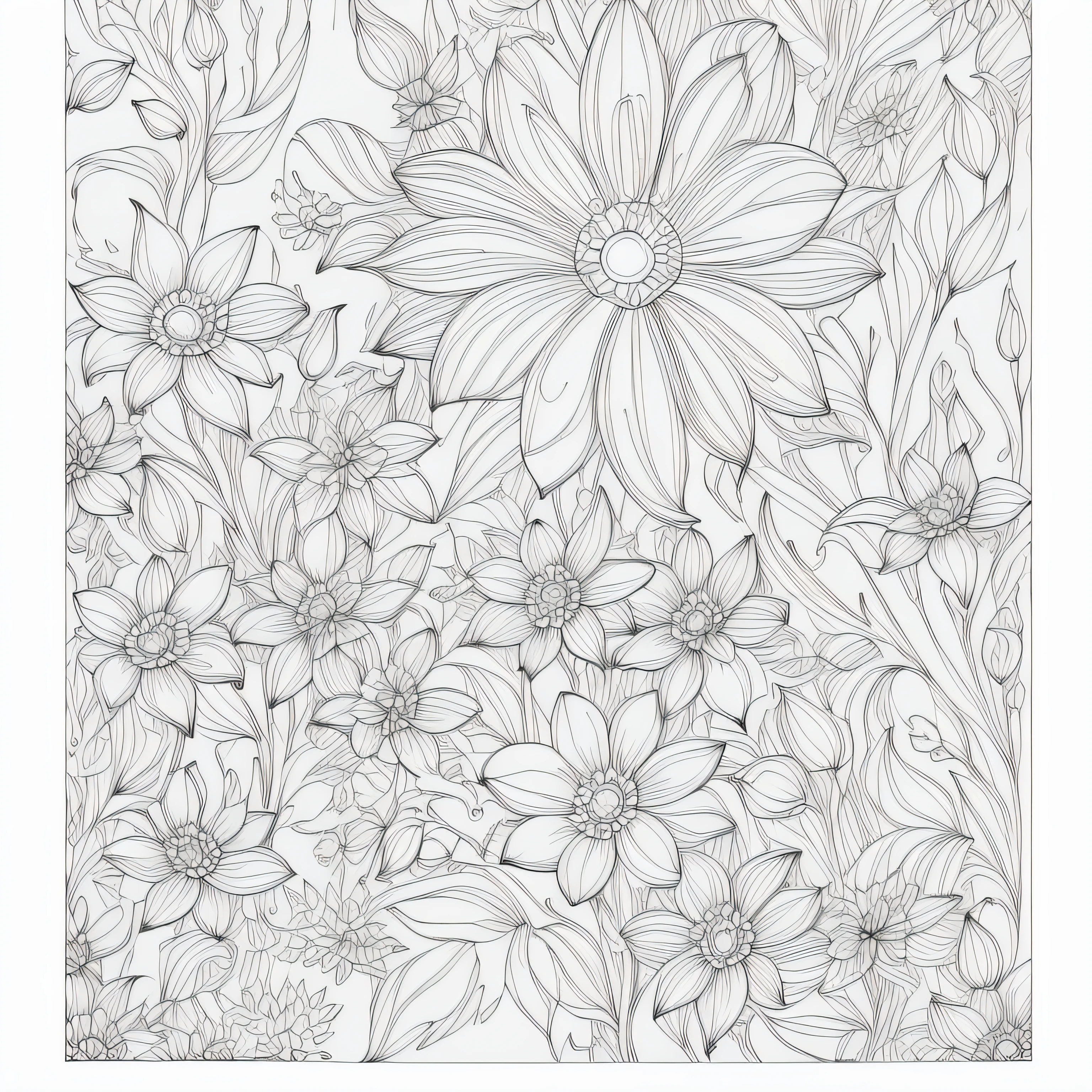 (Monochrome images:1.3)、(Flower coloring book:1.3)、It features a simple、Draw with outline