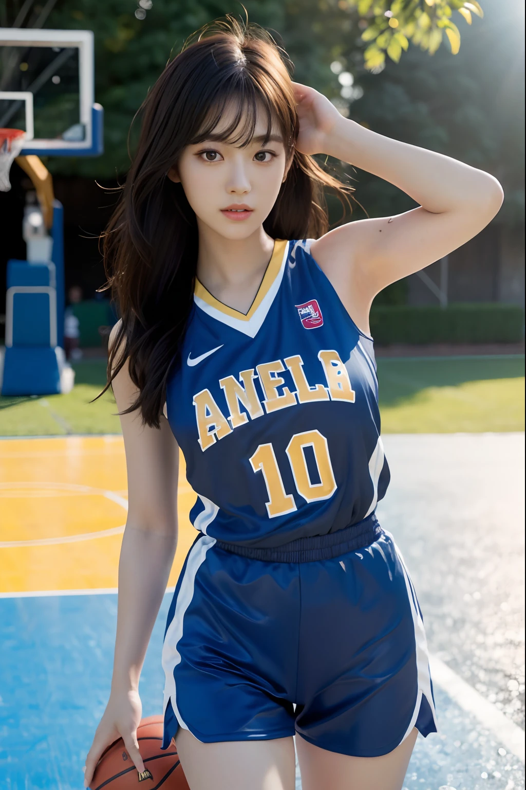 8k, Best Quality, Masterpiece: 1.2), (Realistic, Photorealistic: 1.37), Super Detailed, Best Quality, Super High Resolution, Professional Lighting, Photon Mapping, Radiosity, Physically Based Rendering, Cinematic Lighting , basketball court, depth of field, focus, sun rays, good composition, (bokeh: 1.2), 1 girl, (whole body), (closed mouth), beautiful eyes, pose, constriction, basketball uniform, black hair , messy hair, long hair blowing in the wind,(ulzzang-6500:1.2) mix4, hiqcgbody, large breasts, a littel sexy outfits