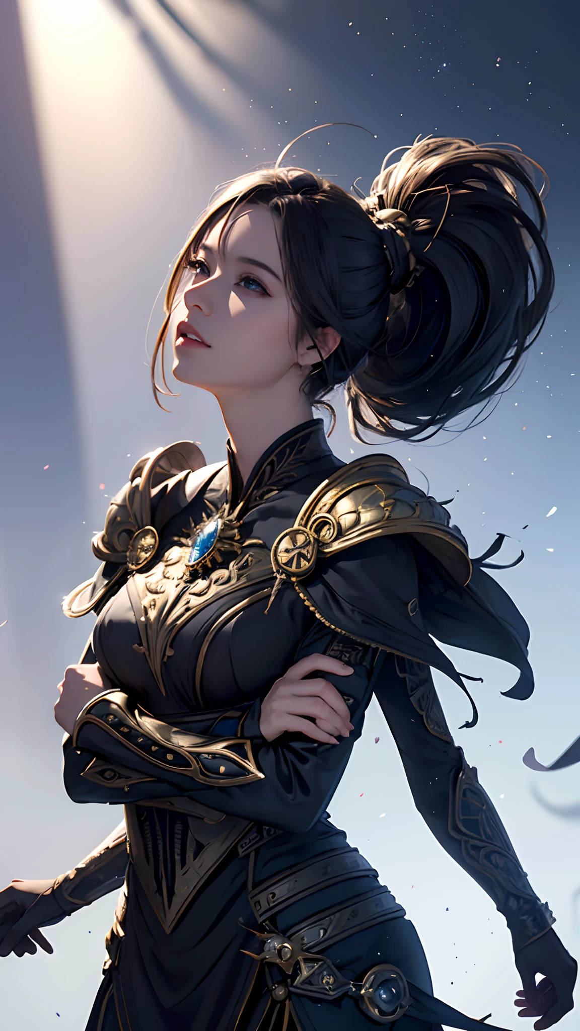 Arte Oficial, Unity 8k Wallpaper, Ultra Detalhe, Obra-Prima, Melhor Qualidade, Uma Mulher, (Muito Detalhe), dinamic angle, mystical expression, Fogo Efeito Brilhante, Fundo de Fantasia, rim lighting , Luz Lateral, cinematiclight, Ultra Definition, 8k UHD, grain of film, Melhor Sombra, Delicado, RAW, light particules, Textura Detalhada da Pele, Textura Detalhada da Armadura de Ouro, Clivagem, Rosto Detalhado, Detalhe complexo, Ultra-detalhado, Brilhante, Forte, armadura branca, segurando uma arma, segurando um escudo, dron de vara, (((cabelo castanho, seios grandes)), olhos negros muito brilhantes, longo manto vermelho, fantasia, (realista),