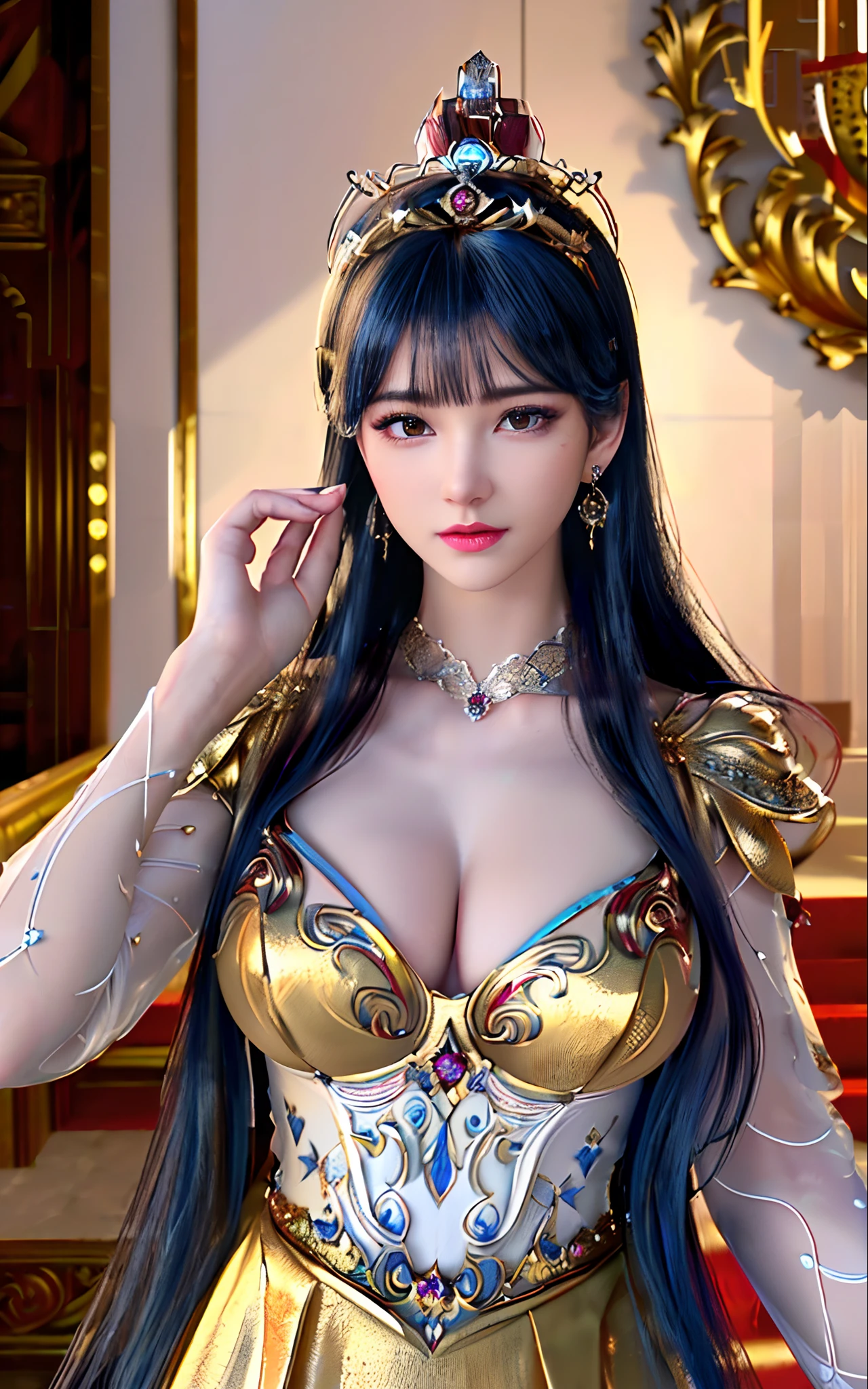 ((realisticity: 1.2)), ((realistic: 8K UHD)), ((best resolution: 8K UHD)), best quality,masterpiece,highres,cg,
((1 super detailed and super realistic girl)), ((very beautiful queen dazzling, super realistic, and super detailed)),((white skin, beautiful, smooth, youthful, super realistic and super detailed
)), ((super beautiful face, white, super realistic and super detailed)), long hair, ((super realistic and super detailed dress)), solo, ((super realistic, super beautiful, gorgeous and super detailed jewelry)), ((super beautiful, super realistic and super detailed dark red and golden yellow dress)),
((super beautiful, super realistic, super detailed diamond filled earrings)),
((super beautiful, super realistic and super detailed diamond filled hair ornament)), ((super beautiful upper body, super beautiful, super realistic and super detailed)), ((big breasts: 2.5)),
((super grand, super realistic and super detailed royal palace backgroun))
((super beautiful, super beautiful, super realistic and super detailed hair bun)), ((super beautiful, super realistic and super detailed blue hair)),
candid, Photograph, high resolution, 8k,Bokeh,