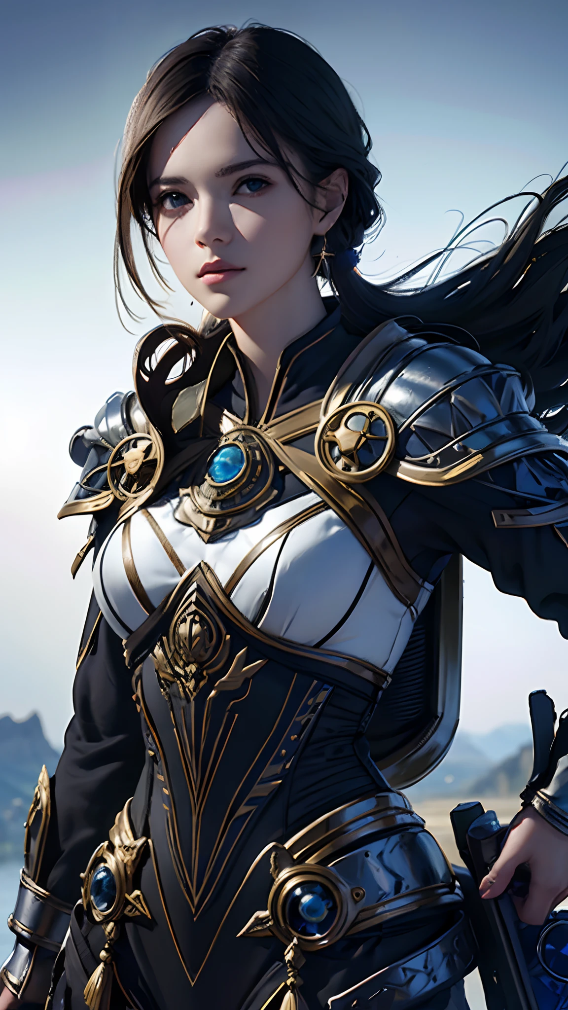 Arte Oficial, Unity 8k Wallpaper, Ultra Detalhe, Obra-Prima, Melhor Qualidade, Uma Mulher, (Muito Detalhe), dinamic angle, mystical expression, Fogo Efeito Brilhante, Fundo de Fantasia, rim lighting , Luz Lateral, cinematiclight, Ultra Definition, 8k UHD, grain of film, Melhor Sombra, Delicado, RAW, light particules, Textura Detalhada da Pele, Textura Detalhada da Armadura de Ouro, Clivagem, Rosto Detalhado, Detalhe complexo, Ultra-detalhado, Brilhante, Forte, armadura branca, segurando uma arma, segurando um escudo, dron de vara, (((cabelo castanho, seios grandes)), olhos negros muito brilhantes, longo manto vermelho, fantasia, (realista),