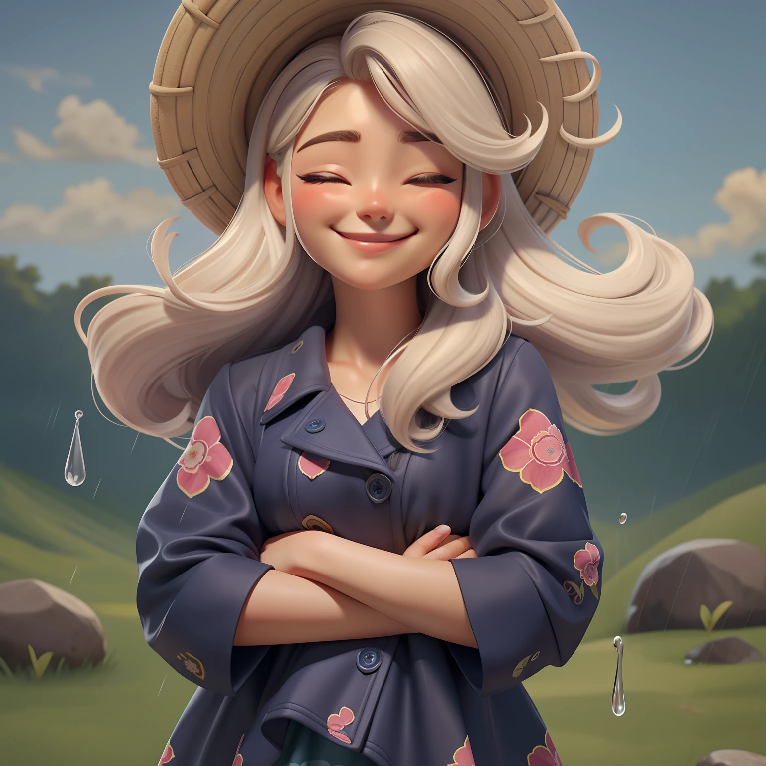 In this illustration, gotas de chuva, falling gently on a character who has her eyes closed and a serene smile, cabelos longos,