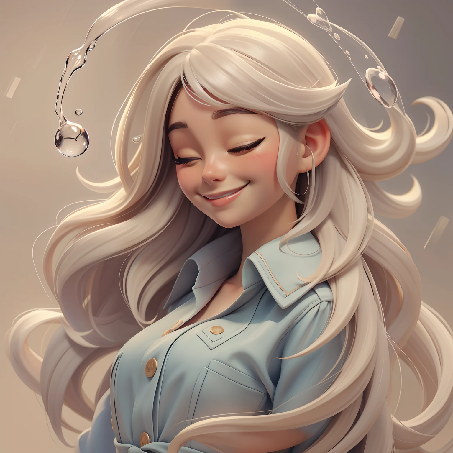 In this illustration, gotas de chuva, falling gently on a character who has her eyes closed and a serene smile, cabelos longos,