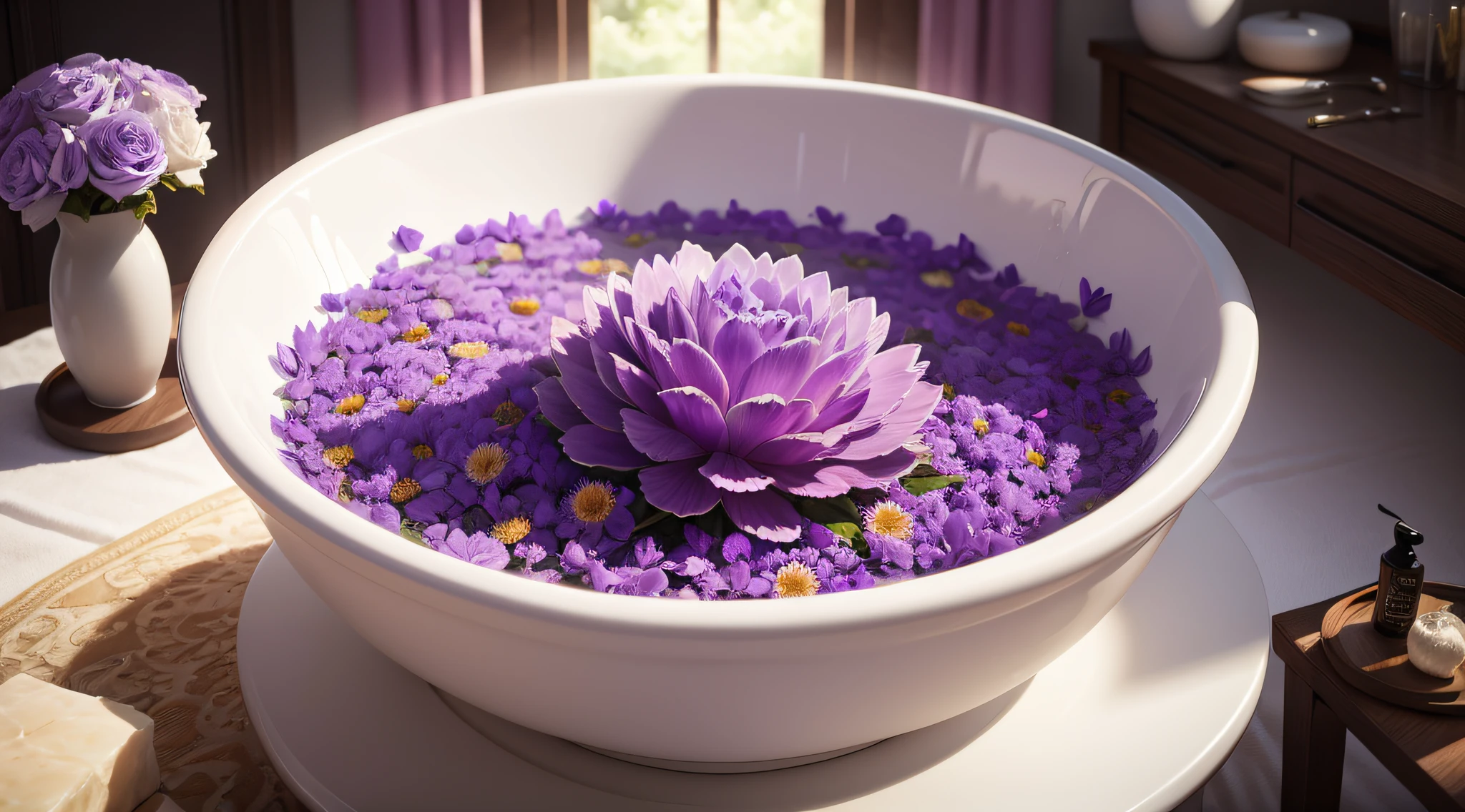 Amethyst crystal bubble bath, exotic, flowers, beautiful, realistic photo --auto