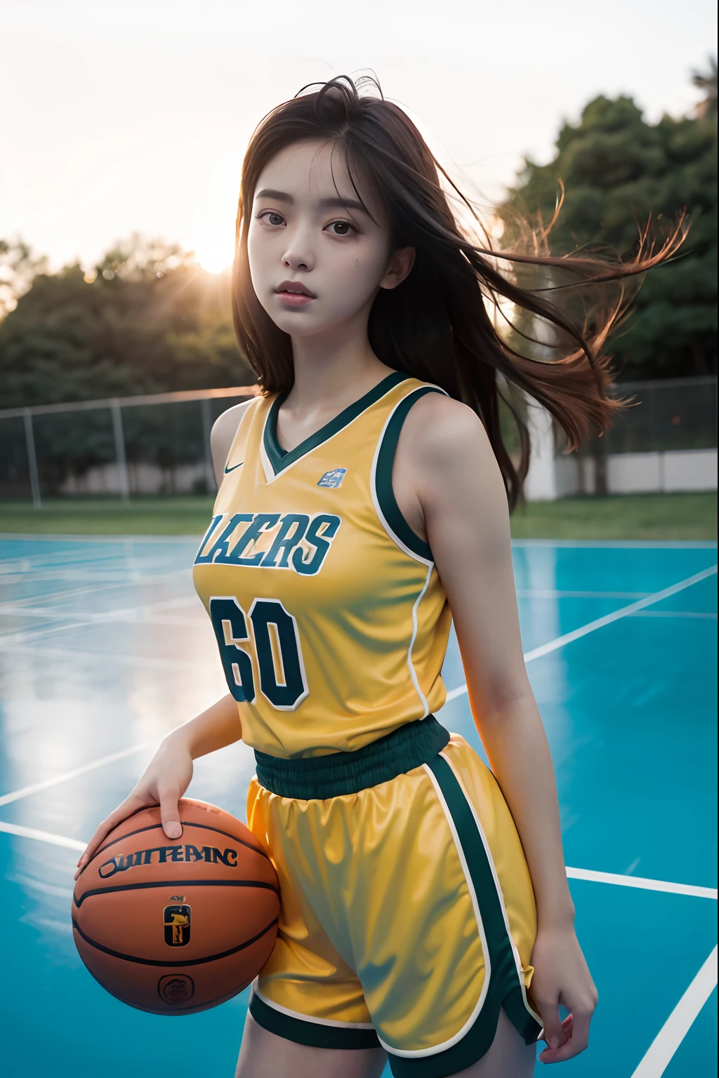 8k, Best Quality, Masterpiece: 1.2), (Realistic, Photorealistic: 1.37), Super Detailed, Best Quality, Super High Resolution, Professional Lighting, Photon Mapping, Radiosity, Physically Based Rendering, Cinematic Lighting , basketball court, depth of field, focus, sun rays, good composition, (bokeh: 1.2), 1 girl, (whole body), (closed mouth), beautiful eyes, pose, constriction, basketball uniform, black hair , messy hair, long hair blowing in the wind,(ulzzang-6500:1.2) mix4, hiqcgbody, large breasts, a littel sexy outfits