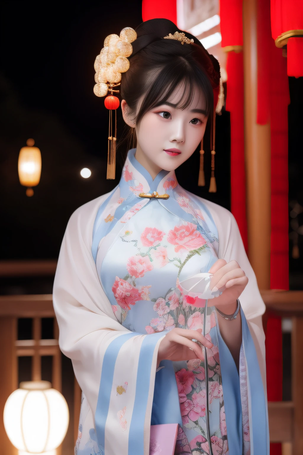 the night，A woman in Chinese clothing carries a lantern