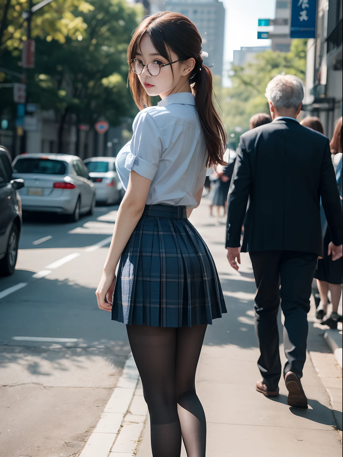(8K、Raw photography、top-quality、masterpiece:1.2),Lori,watching at viewers,Looking at the front,side poneyTail,Bullish,Muchimuchi,Erotic,Pupils,Light Blue Bra,de pele branca,kne,(Black pantyhose),absurderes,a small face,small tits,flat breast,Parting the bangs from the middle、Forehead visible,(a cold expression,Tight eyes,glares,Bullish,skinny,Rasping,irate)、masterpiece,top-quality、超A high resolution,Raw photo,ren,Beautiful fece,One Person, 独奏,eye glass,,Dark look,Small breasts,fullllbody,Round glasses、cute little、Back to Student,JK school uniform,hi-school girl,A Japanese Lady,is standing,(Photorealsitic:1.37)、Photon mapping,Realistic、Cute little face,Brown-eyed、Black socks、(Red bow tie)、Radio City、Physically Based Rendering、Foreground、depth of fields、Blurry background、a picture,The girls、Body,beauty legs, Long legs, Thin leg,Tie your hair into one strand on your chest,(Bangs are visible), hair, s lips, Blue_The eye, nosesoft,(Light blue shirt), (Navy and blue and white plaid pleated skirt), Knees are visible,Sheer clothing,, Thigh, Black cotton socks,Nogizaka Idol, 女優, Japanese ido