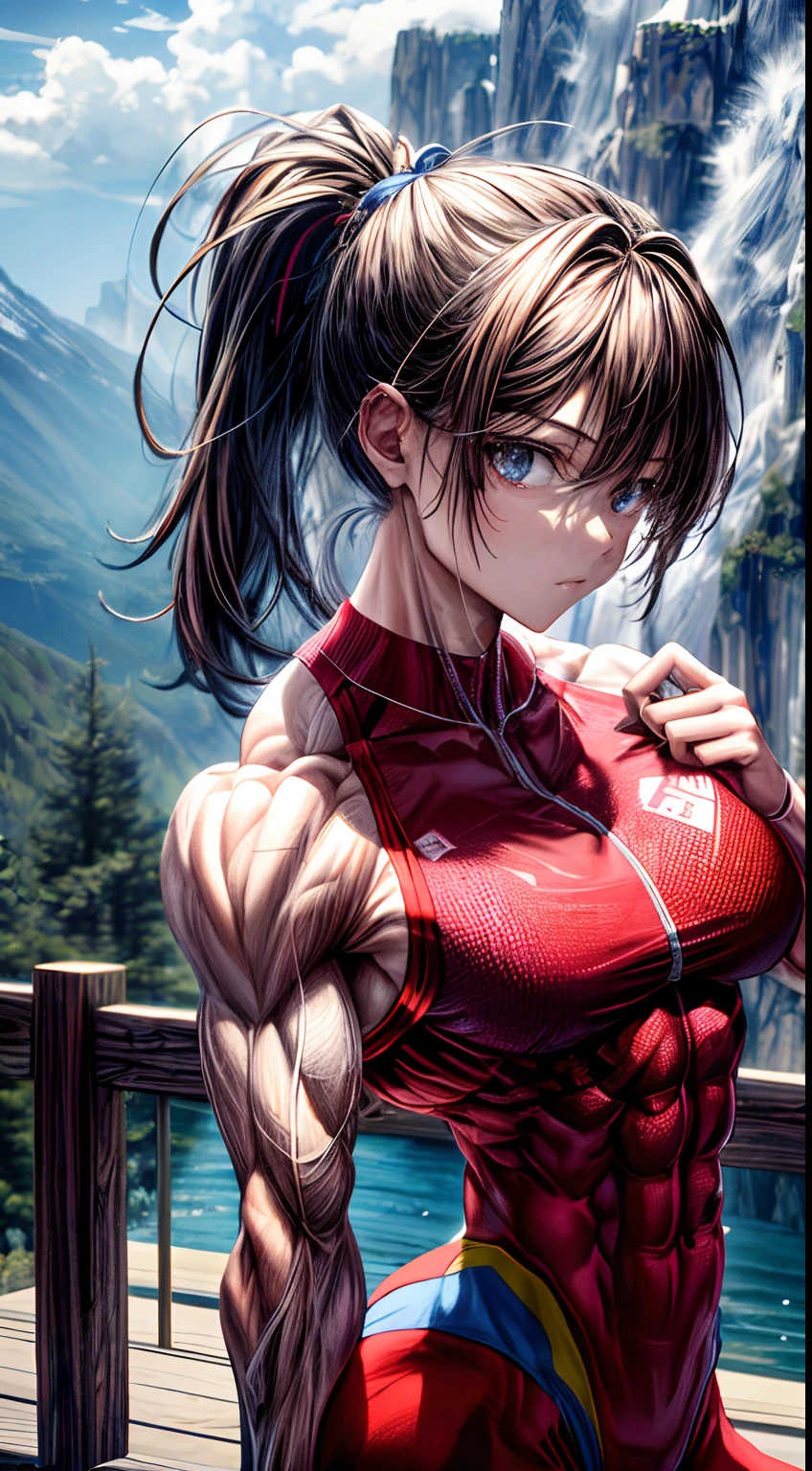 (BEST lighting) , (ultra intricately detailed) , 4K unification, (super-detailed CG: 1.2) , (8K: 1.2),(Original), (Masterpiece) , (Best quality),(Masterpiece:1.4),Anime-ish high quality,(Masterpiece),Masterpiece, Best quality, absurderes,((masterpeace, 4K, 8K, Yes, A high resolution))1girll, She was hiking a mountain,Head to a mountain resort, hiking clothes, Spring, Boots, Perfect figure, Long ponytail hair, Sweat, Dynamic pose, ((body builder:1.5)),Temple background,(Beautiful bace),(Girl),(Female),(((Upper body:1)))