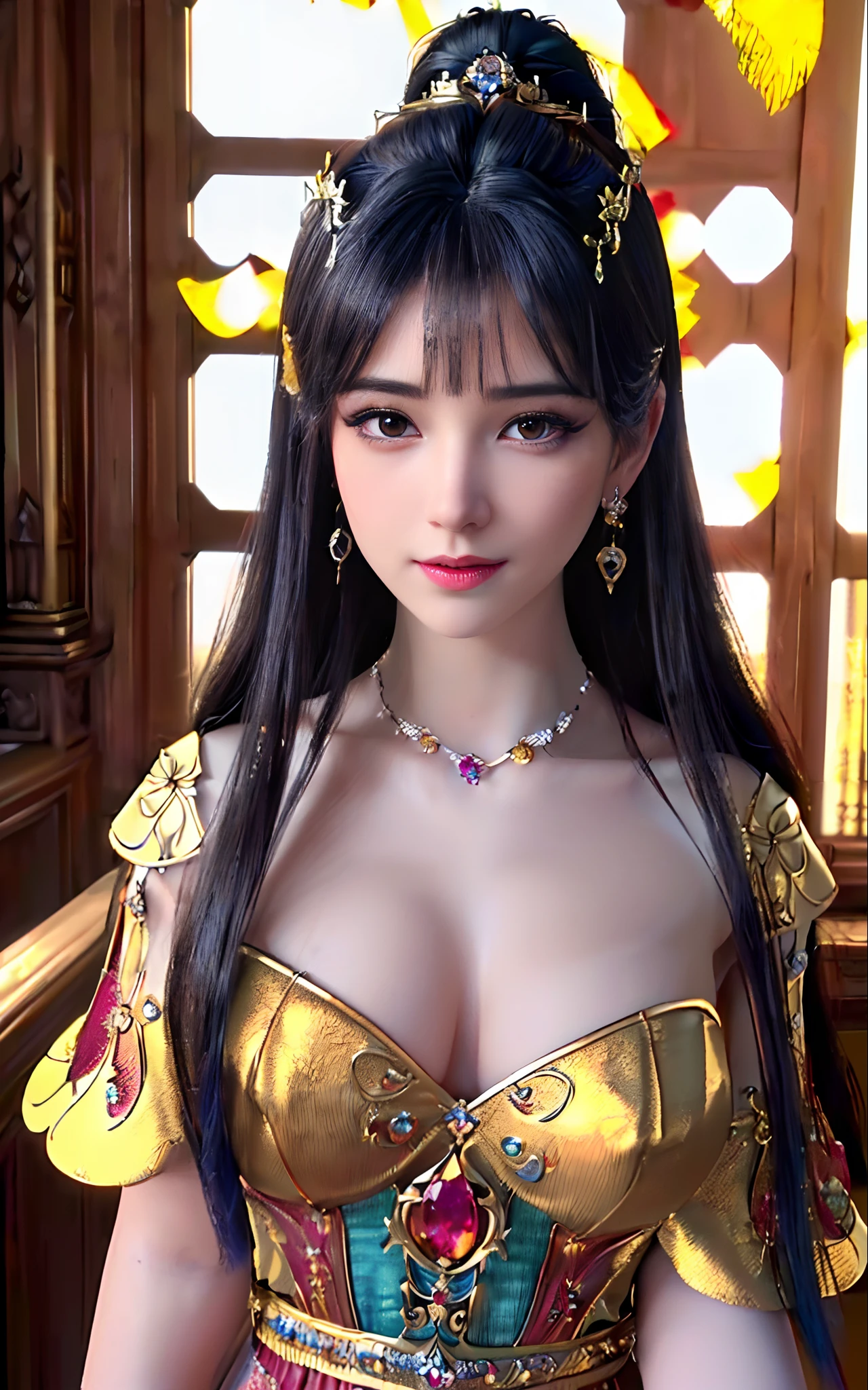 ((realisticity: 1.2)), ((realistic: 8K UHD)), ((best resolution: 8K UHD)), best quality,masterpiece,highres,cg,
((1 super detailed and super realistic girl)), ((very beautiful queen dazzling, super realistic, and super detailed)),((white skin, beautiful, smooth, youthful, super realistic and super detailed
)), ((super beautiful face, white, super realistic and super detailed)), long hair, ((super realistic and super detailed dress)), solo, ((super realistic, super beautiful, gorgeous and super detailed jewelry)), ((super beautiful, super realistic and super detailed dark red and golden yellow dress)),
((super beautiful, super realistic, super detailed diamond filled earrings)),
  ((super beautiful, super realistic and super detailed diamond filled hair ornament)), ((super beautiful upper body, super beautiful, super realistic and super detailed)), ((big breasts: 2.5)), 
((super grand, super realistic and super detailed royal palace backgroun))
((super beautiful, super beautiful, super realistic and super detailed hair bun)), ((super beautiful, super realistic and super detailed blue hair)),
candid, Photograph, high resolution, 8k,Bokeh,