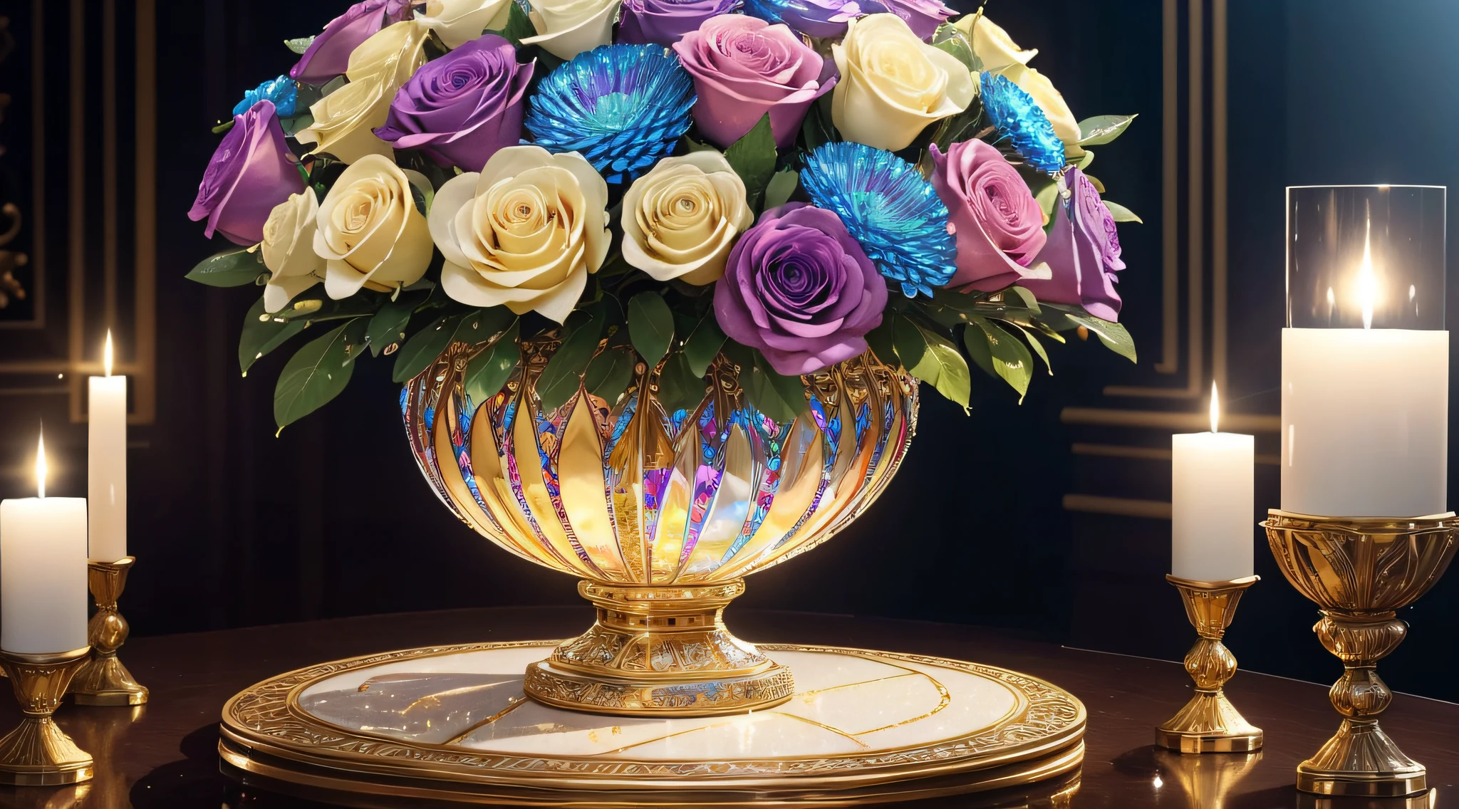 crystal vases, jewel vases, huge bouquets, glittering, many wet flowers, peacock colors, opalescent, glory, breath taking beautiful, graceful, elegant, stunning, photo, shiny, iridescent, (masterpiece), (best quality) (detailed) (8k) (HDR) (cinematic lighting) (sharp focus) (intricate), HDR, hyper-realistic, color graded, realistic picture, ultra high quality, stunning, valuable treasure inside, sparkling, shimmering, splashing rainbows, dripping, glistening, candles illuminating, clear --auto