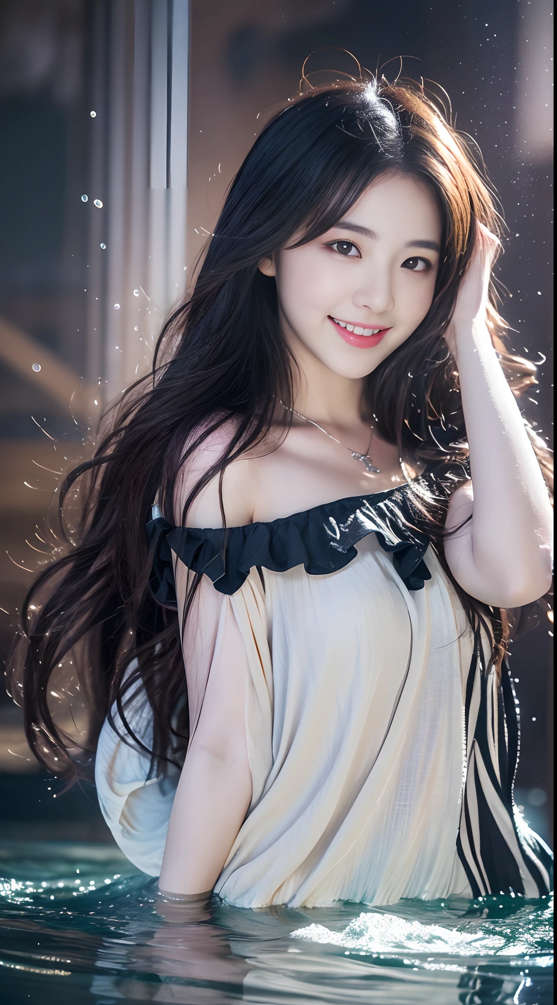Keywords: watery big eyes, love pupils, [shy], long hair, master works, best picture quality, super high resolution, higher quality, beautiful girl, female, heart hair accessories, 8k resolution, hot girls, students, beautiful eyes, blush, thin shoulder straps, dusk, oasis, magic ring, volumetric light, cinematic lighting, natural light. Waterfall background, full body photo,
Snow Moon Law Moon Moe Girl Light Shoulders, Solo, Crystal Clear Water Splash Perfect Reflection, Eyebrow Pattern, Beautiful Black Eyes, Beautiful Glow, Best Quality, Illustration, Masterpiece, Best Production, Best Quality, Highly Detailed, Extremely Detailed CG, Lighting, Cute, Tyndall Effect, Burning Splash Wrapped, Light Shoulder, Depth of Field, Black Water, Super Moe, Shiny, Beautiful
The, delicate facial features, cute, black water particle special effects, dreamy, floating
Black glowing particles, burning hair, necklace
((Masterpiece)), ((Highest Quality)), exquisite CG, blue-purple tone, sweet
Beautiful beautiful girl with a cute smile