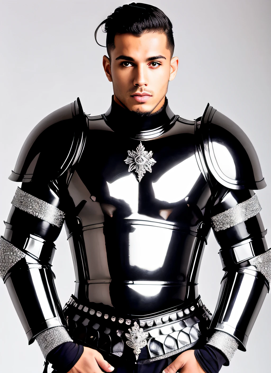 1 Gigachad gonzalo gubero bobadilla musculoso com cara de shakira, Beautiful Roman warrior A photograph of a flat silver armor made of white titanium and some crystal , Rainbow of RGB LEDs , Traje de Energia , gradiente , elegante , para homens , Minimalismo moderno , linhas de baixo poli , punk core , sonhador , Colouring , distopia , divino , misterioso , Pose curvada , poser , Pose de moda
