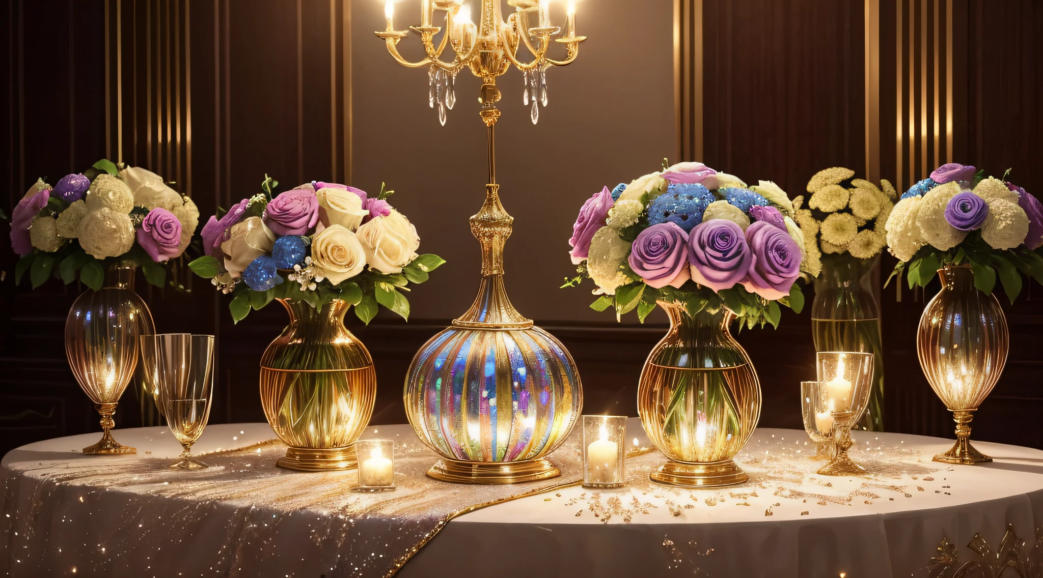 crystal vases, jewel vases, huge bouquets, glittering, many wet flowers, peacock colors, opalescent, glory, breath taking beautiful, graceful, elegant, stunning, photo, shiny, iridescent, (masterpiece), (best quality) (detailed) (8k) (HDR) (cinematic lighting) (sharp focus) (intricate), HDR, hyper-realistic, color graded, realistic picture, ultra high quality, stunning, valuable treasure inside, sparkling, shimmering, splashing rainbows, dripping, glistening, candles illuminating, clear --auto