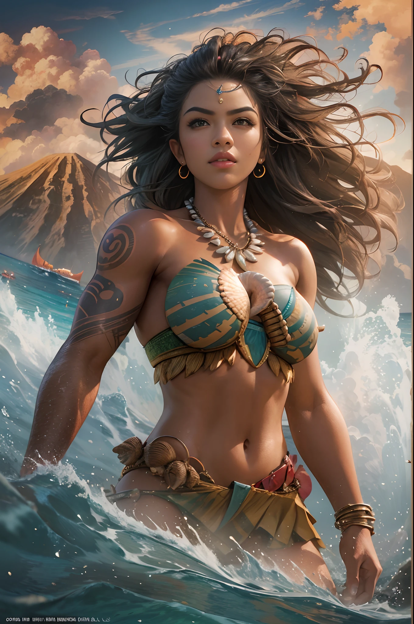 epic movie poster, volcano erupting, award winning (full body:1.3) portrait photo of a (moana:1.2), (seashell bikini:1.2), (water goddess:1.2), tribal tattoos, (wading:1.2) in the pacific (ocean:1.1), arms behind head, (partially submerged shot:1.2), (waves:0.9), desert island background, palm trees, beach,fluffy clouds in the sky, outrun, vaporware, trending on artstation, highly detailed, fine detail, intricate, (lens flare:0.9), (backlighting:0.9), (bloom:0.9), [Style-Micro::10]