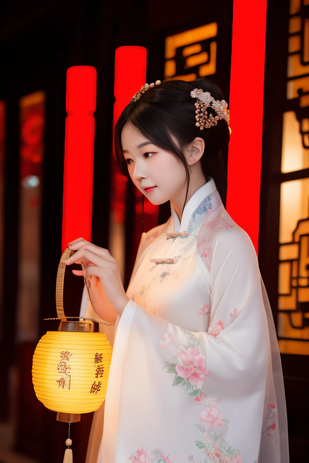 the night，A woman in Chinese clothing carries a lantern